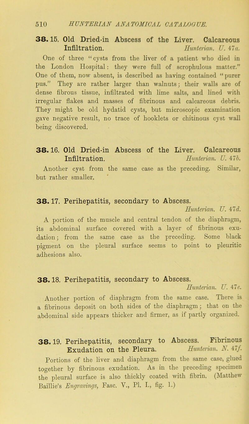 38.15. Old Dried-in Abscess of the Liver. Calcareous Infiltration. Hunterian. U. 47a. One of three “cysts from the liver of a patient who died in the London Hospital: they were full of scrophulous matter.” One of them, now absent, is described as having contained “purer pus.” They are rather larger than walnuts; their walls are of dense fibrous tissue, infiltrated with lime salts, and lined with irregular flakes and masses of fibrinous and calcareous debris. They might be old hydatid cysts, but microscopic examination gave negative result, no trace of hooklets or chitinous cyst wall being discovered. 38.16. Old Dried-in Abscess of the Liver. Calcareous Infiltration. Hunterian. U. 47b. Another cyst from the same case as the preceding. Similar, but rather smaller. 38.17. Perihepatitis, secondary to Abscess. Hunterian. U. 47d. A portion of the muscle and central tendon of the diaphragm, its abdominal surface covered with a layer of fibrinous exu- dation ; from the same case as the preceding. Some black pigment on the pleural surface seems to point to pleuritic adhesions also. 38.18. Perihepatitis, secondary to Abscess. Hunterian. U. 47e. Another portion of diaphragm from the same case. There is a fibrinous deposit on both sides of the diaphragm; that on the abdominal side appears thicker and firmer, as if partly organized. 38.19. Perihepatitis, secondary to Abscess. Fibrinous Exudation on the Pleura. Hunterian. N. 47/. Portions of the liver and diaphragm from the same case, glued together by fibrinous exudation. As in the preceding specimen the pleural surface is also thickly coated with fibrin. (Matthew Baillie’s Engravings, Fasc. V., PI. I., fig. 1.)