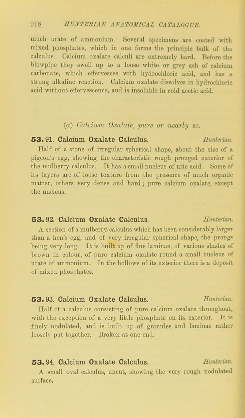 much urate of ammonium. Several specimens are coated with mixed phosphates, which in one forms the principle bulk of the calculus. Calcium oxalate calculi are extremely hard. Before the blowpipe they swell up to a loose white or grey ash of calcium carbonate, which effervesces with hydrochloric acid, and has a strong alkaline reaction. Calcium oxalate dissolves in hydrochloric acid without effervescence, and is insoluble in cold acetic acid. (a) Calcium Oxalate, pure or nearly so. 53. 91. Calcium Oxalate Calculus. Hunterian. Half of a stone of irregular spherical shape, about the size of a pigeon’s egg, showing the characteristic rough pronged exterior of the mulberry calculus. It has a small nucleus of uric acid. Some of its layers are of loose texture from the presence of much organic matter, others very dense and hard; pure calcium oxalate, except the nucleus. 53.92. Calcium Oxalate Calculus. Hunterian. A section of a mulberry calculus which has been considerably larger than a hen’s egg, and of very irregular spherical shape, the prongs being very long. It is built up of fine laminae, of various shades of brown in colour, of pure calcium oxalate round a small nucleus of urate of ammonium. In the hollows of its exterior there is a deposit of mixed phosphates. 53. 93. Calcium Oxalate Calculus. Hunterian. Half of a calculus consisting of pure calcium oxalate throughout, with the exception of a very little phosphate on its exterior. It is finely nodulated, and is built up of granules and laminae rather loosely put together. Broken at one end. 53. 94. Calcium Oxalate Calculus. Hunterian. A small oval calculus, uncut, showing the very rough nodulated surface.
