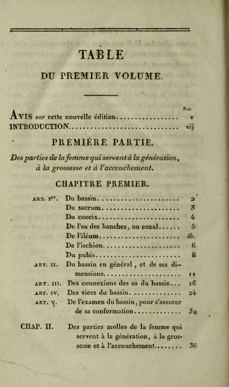 I TABLE DU PREMIER VOLUME Avis sur cette nouvelle édition. INTRODUCTION PREMIÈRE PARTIE. PaR- Des parties de la femme qui servent à la générationf à la grossesse et à Vaccouchement. CHAPITRE PREMIER. art. *er. Du bassin. s- Du sacrum 3 Du coccix 4 De Vos des hanches , ou coxal 5 De Viléum ib. De Vischion. 6 Du pubis 8 art. ii. Du bassin en généralet de ses di- mensions if art. ni. Des connexions des os du bassin... i(> art. îv. Des vices du bassin. 24 art. De l’examen du bassin, pour s’assurer de sa conformation 3% CHAP. II. Des parties molles de la femme qui servent à la génération, à la gros- sesse et à l’accouchement........ 36