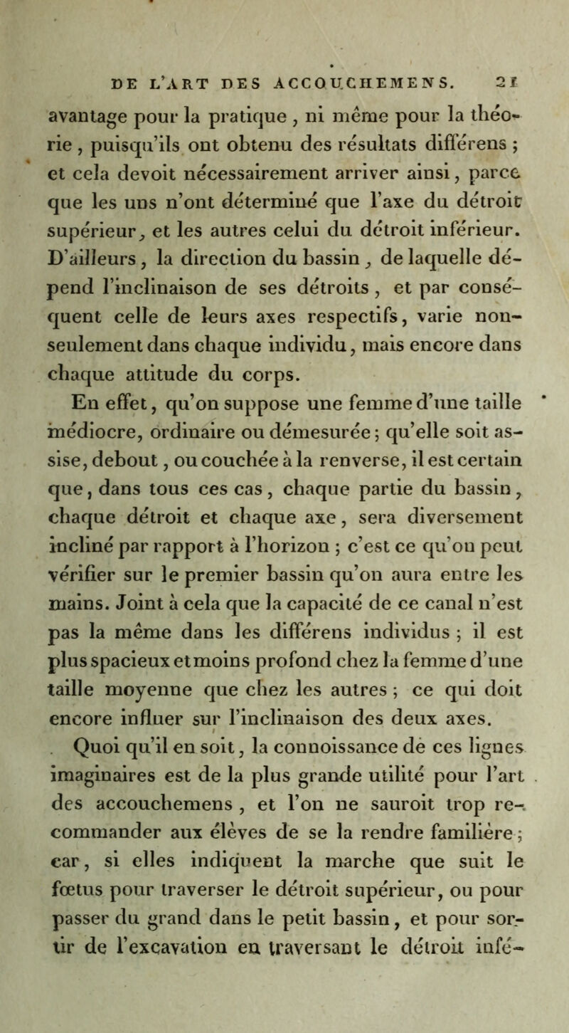 avantage pour la pratique , ni même pour la théo^- rie , puisqu’ils ont obtenu des résultats différens ; et cela devoit nécessairement arriver ainsi, parce que les uns n’ont déterminé que l’axe du détroit supérieur, et les autres celui du détroit inférieur. D’ailleurs, la direction du bassin, de laquelle dé- pend l’inclinaison de ses détroits , et par consé- quent celle de leurs axes respectifs, varie non- seulement dans chaque individu, mais encore dans chaque attitude du corps. En effet, qu’on suppose une femme d’une taille médiocre, ordinaire ou démesurée ; qu’elle soit as- sise, debout , ou couchée à la renverse, il est certain que, dans tous ces cas, chaque partie du bassin, chaque détroit et chaque axe, sera diversement incliné par rapport à l’horizon ; c’est ce qu’ou peut vérifier sur le premier bassin qu’on aura entre les mains. Joint à cela que la capacité de ce canal n’est pas la même dans les différens individus ; il est plus spacieux et moins profond chez la femme d’une taille moyenne que chez les autres ; ce qui doit encore influer sur l’inclinaison des deux axes. Quoi qu’il en soit, la conuoissance de ces lignes imaginaires est de la plus grande utilité pour l’art des accouchemens , et l’on ne sauroit trop re-. commander aux élèves de se la rendre familière ; car, si elles indiquent la marche que suit le fœtus pour traverser le détroit supérieur, ou pour passer du grand dans le petit bassin, et pour sor- tir de l’excavation en traversant le détroit infé-