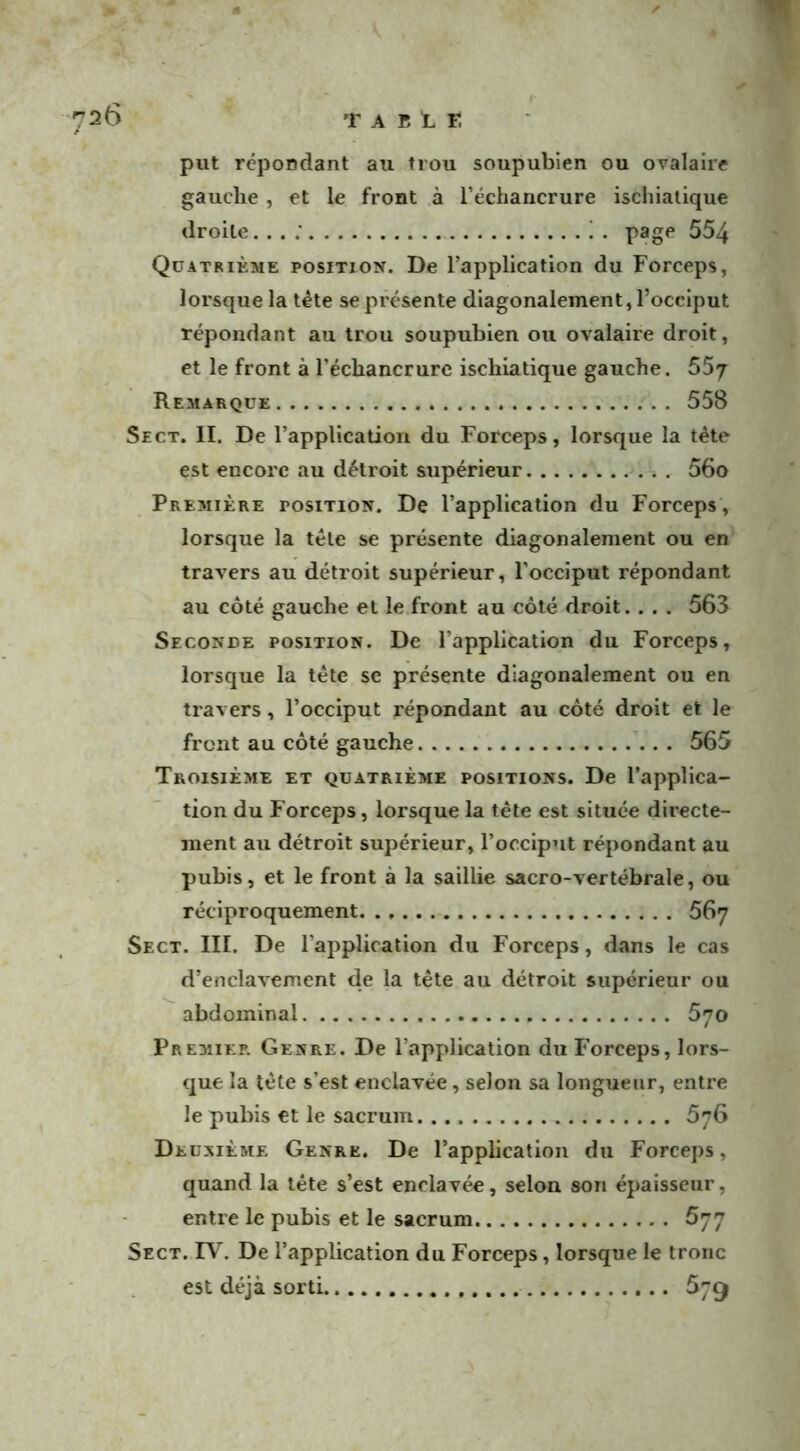 put répondant au trou soupubien ou ovalaire gauclie , et le front à l’échancrure ischiatique droite. . . ; ! . page 554 Quatrième position. De l’application du Forceps, lorsque la tête se présente diagonalement, l’occiput répondant au trou soupubien ou ovalaire droit, et le front à l’échancrure ischiatique gauche. 557 Remarque 558 Sect. II. De l’application du Forceps, lorsque la tète est encore au détroit supérieur 56o Première position. De l’application du Forceps , lorsque la tête se présente diagonalement ou en travers au détroit supérieur, l’occiput répondant au côté gauche et le front au côté droit. . . . 563 Seconde position. De l’application du Forceps, lorsque la tête se présente diagonalement ou en travers, l’occiput répondant au côté droit et le front au côté gauche 565 Troisième et quatrième positions. De l’applica- tion du Forceps, lorsque la tête est située directe- ment au détroit supérieur, l’occiput répondant au pubis, et le front à la saillie sacro-vertébrale, ou réciproquement 567 Sect. III. De l’application du Forceps, dans le cas d’enclavement de la tête au détroit supérieur ou abdominal S'jo Premier Genre. De l’application du Forceps, lors- que la tête s’est enclavée, selon sa longueur, entre le pubis et le sacrum 576 Deuxième Genre. De l’apphcation du Forceps, quand la tête s’est enclavée, selon son épaisseur, entre le pubis et le sacrum 577 Sect. IV. De l’application du Forceps, lorsque le tronc est déjà sorti 579