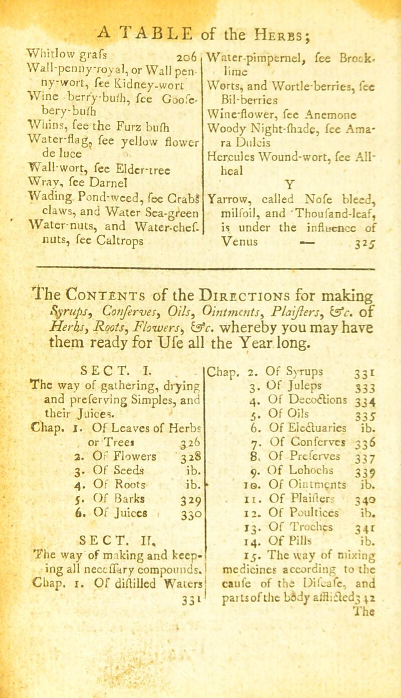 Whitlow grafs 2o6 Wall-pennyroyal, or Wall pen- nywort, fee Kidney-wort Wine berry-bufh, fee Goofe- bery-buih Wiiins, fee the Furz bufh Water-flag? fee yellow flower de luce Wall-wort, fee Eldcr-trec Wray, fee Darnel Wading Pond-weed, fee CrabS claws, and Water Sea-green Water-nuts, and Water-chcf- nuts, fee Caltrops Water-pimpernel, fee Brock- lime Worts, and Wortle berries, fee Bil-berries Wine-flower, fee Anemone Woody Night-fhade, fee Ama- ra Dnlcis Hercules Wound-wort, fee All- heal Y Yarrow, called Nofe bleed, milfoil, and Thoufand-leaf, is under the influence of Venus -— 325 The Contents of the Directions for making fyrups, Cotiferves, Oils, Ointments, Plaijlers, is‘c. of Herbs, Roots, Flowers, tsV. whereby you may have them ready for Ufe all the Year long. SECT. I. The way of gathering, drying and preferving Simples, and their Juices. Chap. 1. Of Leaves of Herbs or Tree* £26 2. Of Flowers 328 3. Of Seeds ib. 4. Of Roots ib. j. Of Barks 329 6. Of Juices 330 SECT. If, The way of making and keep- ing all nectflary compounds. Chap. 1. Of diflilled Waters 33i 2. Of Syrups 331 3. Of Juleps 333 4. Of Decoctions 3 34 5. Of Oils 33 J 6. Of Electuaries ib. y. Of Conferves S36 8. Of Preferves 337 9. Of Lohochs 339 ib. Of Ointments ib. 11. Of Plaiflcr- 340 12. Of Poultices ib. 13. Of Troches 34i 14. Of Pills ib. 15. The way of mixing medicines according to the caule of the Difeafe, and paitsofthc bidy aiflified^42 the