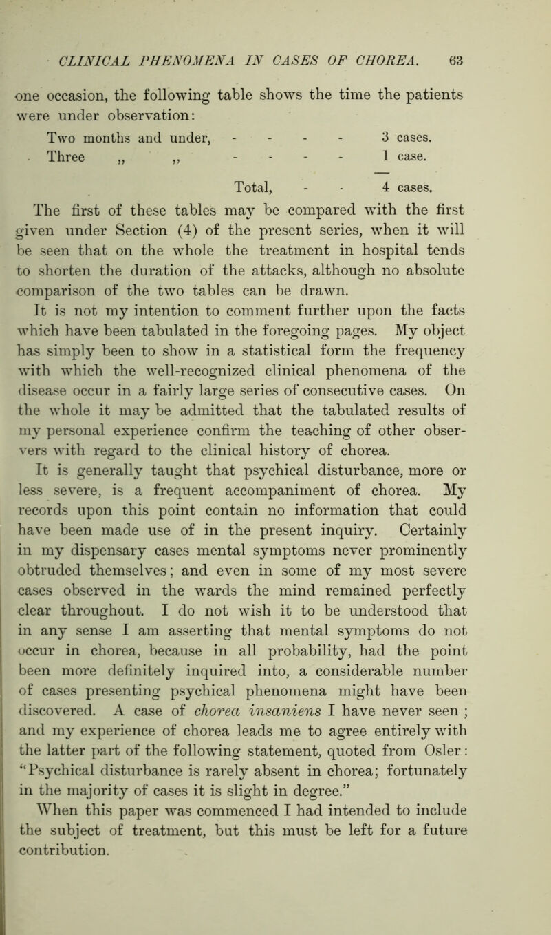 one occasion, the following table shows the time the patients were under observation: Two months and under, 3 cases. Three „ „ - - - 1 case. Total, - 4 cases. The first of these tables may be compared with the first given under Section (4) of the present series, when it will be seen that on the whole the treatment in hospital tends to shorten the duration of the attacks, although no absolute comparison of the two tables can be drawn. It is not my intention to comment further upon the facts which have been tabulated in the foregoing pages. My object has simply been to show in a statistical form the frequency with which the well-recognized clinical phenomena of the disease occur in a fairly large series of consecutive cases. On the whole it may be admitted that the tabulated results of my personal experience confirm the teaching of other obser- vers with regard to the clinical history of chorea. It is generally taught that psychical disturbance, more or less severe, is a frequent accompaniment of chorea. My records upon this point contain no information that could have been made use of in the present inquiry. Certainly in my dispensary cases mental symptoms never prominently obtruded themselves; and even in some of my most severe cases observed in the wards the mind remained perfectly clear throughout. I do not wish it to be understood that in any sense I am asserting that mental symptoms do not occur in chorea, because in all probability, had the point been more definitely inquired into, a considerable number of cases presenting psychical phenomena might have been discovered. A case of chorea insaniens I have never seen ; and my experience of chorea leads me to agree entirely with the latter part of the following statement, quoted from Osier: “Psychical disturbance is rarely absent in chorea; fortunately in the majority of cases it is slight in degree.” When this paper was commenced I had intended to include the subject of treatment, but this must be left for a future contribution.