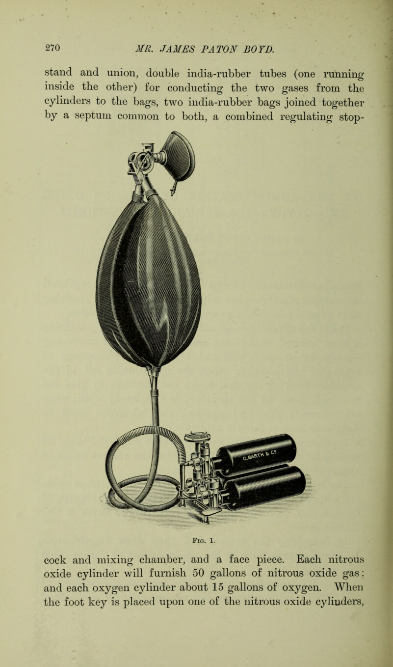 stand and union, double india-rubber tubes (one running inside the other) for conducting the two gases from the cylinders to the bags, two india-rubber bags joined together by a septum common to both, a combined regulating stop- Fig. i. cock and mixing chamber, and a face piece. Each nitrous oxide cylinder will furnish 50 gallons of nitrous oxide gas: and each oxygen cylinder about 15 gallons of oxygen. When the foot key is placed upon one of the nitrous oxide cylinders,