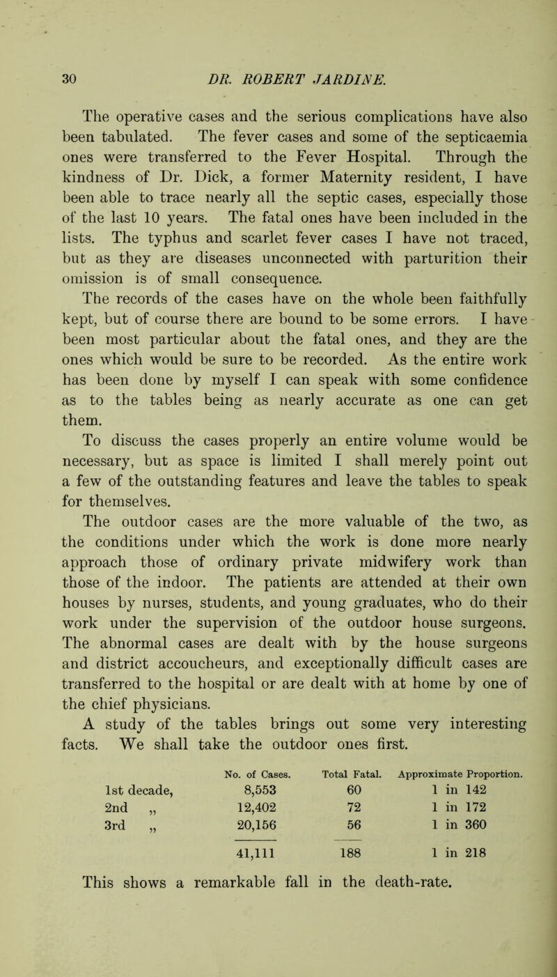 The operative cases and the serious complications have also been tabulated. The fever cases and some of the septicaemia ones were transferred to the Fever Hospital. Through the kindness of Dr. Dick, a former Maternity resident, I have been able to trace nearly all the septic cases, especially those of the last 10 years. The fatal ones have been included in the lists. The typhus and scarlet fever cases I have not traced, but as they are diseases unconnected with parturition their omission is of small consequence. The records of the cases have on the whole been faithfully kept, but of course there are bound to be some errors. I have been most particular about the fatal ones, and they are the ones which would be sure to be recorded. As the entire work has been done by myself I can speak with some confidence as to the tables being as nearly accurate as one can get them. To discuss the cases properly an entire volume would be necessary, but as space is limited I shall merely point out a few of the outstanding features and leave the tables to speak for themselves. The outdoor cases are the more valuable of the two, as the conditions under which the work is done more nearly approach those of ordinary private midwifery work than those of the indoor. The patients are attended at their own houses by nurses, students, and young graduates, who do their work under the supervision of the outdoor house surgeons. The abnormal cases are dealt with by the house surgeons and district accoucheurs, and exceptionally difficult cases are transferred to the hospital or are dealt with at home by one of the chief physicians. A study of the tables brings out some very interesting facts. We shall take the outdoor ones first. No. of Cases. Total Fatal. Approximate Proportion. 1st decade, 8,553 60 1 in 142 2nd „ 12,402 72 1 in 172 3rd „ 20,156 56 1 in 360 41,111 188 1 in 218 This shows a remarkable fall in the death-rate.