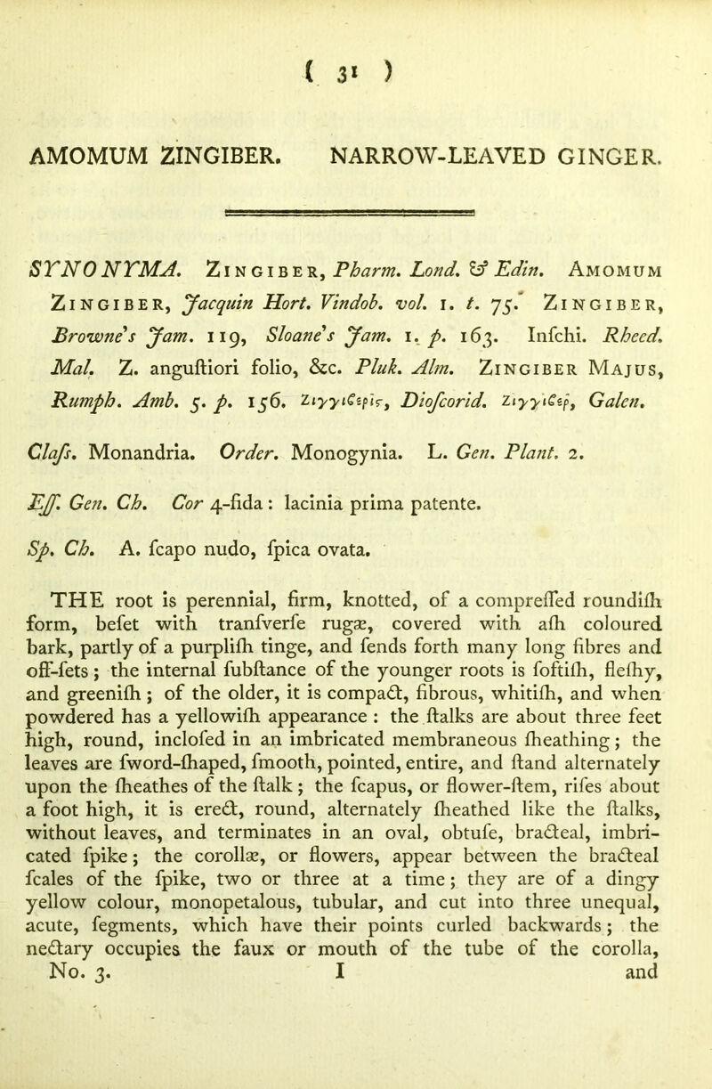 AMOMUM ZINGIBER. NARROW-LEAVED GINGER. STNONTMA. Zingiber, Pharm. Lond. & Edin. Amomum Zingiber, Jacquin Hort. Vindob. vol. i. t. 75. Zingiber, Brownes yam. 119, Sloanes yam. 1. p. 163. Infchi. Rhecd. Mai. Z. anguftiori folio, &c. Pluk. Aim. Zingiber Majus, Rumph. Amb. 5. p. 156. zDiofcorld. ZiyyiCtp, Galen. Clafs. Monandria. Order. Monogynia. L. Gen. Plant. 2. EJf. Gen. Ch. Cor 4-fida : lacinia prima patente. Sp. Ch. A. fcapo nudo, fpica ovata. THE root is perennial, firm, knotted, of a compreffed roundifh form, befet with tranfverfe rugse, covered with afh coloured bark, partly of a purplifh tinge, and fends forth many long fibres and off-fets; the internal fubftance of the younger roots is foftilh, flefhy, and greenifh ; of the older, it is compact, fibrous, whitifh, and when powdered has a yellowifh appearance : the ftalks are about three feet high, round, inclofed in an imbricated membraneous fheathing; the leaves are fword-fhaped, fmooth, pointed, entire, and hand alternately upon the fheathes of the ftalk ; the fcapus, or flower-ftem, rifes about a foot high, it is ere£t, round, alternately fheathed like the ftalks, without leaves, and terminates in an oval, obtufe, bra&eal, imbri- cated fpike; the corolla!, or flowers, appear between the bradteal fcales of the fpike, two or three at a time ; they are of a dingy yellow colour, monopetalous, tubular, and cut into three unequal, acute, fegments, which have their points curled backwards; the nedary occupies the faux or mouth of the tube of the corolla,