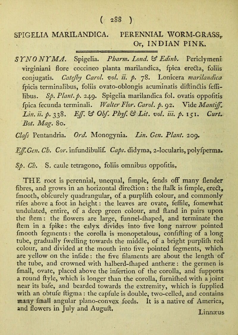 SPIGELIA MARILANDICA. PERENNIAL WORM-GRASS,, Or, INDIAN PINK. SYNONYMA. Spigelia. Pharm. Lond. & Edinbr Periclymeni virginiani flore coccineo planta marilandica, fpica ere&a, foliis conjugatis. Catejby Carol. vol. ii. p. 78. Lonicera marilandica fpicis terminalibus, foliis ovato-oblongis acuminatis diftindis fefli- libus. Sp. Plant.p. 249. Spigelia marilandica fol. ovatis oppofitis Ipica fecunda terminali. Walter Flor. Carol, p. 92. Vide Mantiff, Lin. ii. p. 338. EJf. Id Obf. Phyf. & Lit. vol. Hi. p. 151. Curt. Bot. Mag. 80. Clafs Pentandria. Ord. Monogynia. Lin. Gen. Plant. 209. Ef.G en. Ch. Cor. infundibulif. Caps, didyma, 2-locularis, polyfperma. Sp. Ch. S. caule tetragono, foliis omnibus oppofitis, THE root is perennial, unequal, fimple, fends off many flender fibres, and grows in an horizontal diredion : the ftalk is fimple, ered, fmooth, obfcurely quadrangular, of a purplifh colour, and commonly rifes above a foot in height: the leaves are ovate, feflile, fomewhat undulated, entire, of a deep green colour, and ftand in pairs upon the ftem: the flowers are large, funnel-fhaped, and terminate the ftem in a fpike: the calyx divides into- five long narrow pointed fmooth fegments: the corolla is monopetalous, confifting of a long tube, gradually fwelling towards the middle, of a bright purplifh red colour, and divided at the mouth into five pointed fegments, which are yellow on the infide: the five filaments are about the length of the tube, and crowned with halberd-fhaped antherae : the germen is fmall, ovate, placed above the infertion of the corolla, and fupports a round ftyle, which is longer than the corolla, furnifhed with a joint near its bafe, and bearded towards the extremity, which is fupplied with an obtufe ftigma: the capfule is double, two-celled, and contains many fmall angular plano-convex feeds. It is a native of America, and flowers in July and Auguft, T . J J 0 Lmnaeus