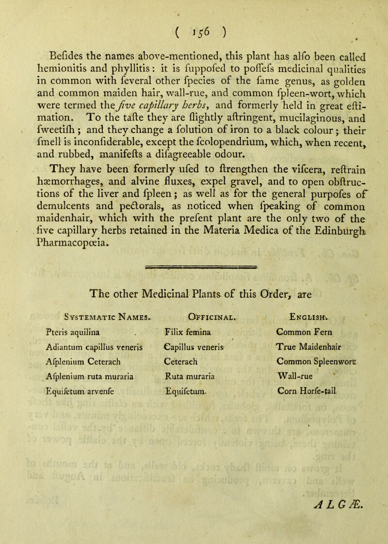 ( -56 ) Befides the names above-mentioned, this plant has alfo been called hemionitis and phyllitis: it is fuppofed to poflefs medicinal qualities in common with feveral other fpecies of the fame genus, as golden and common maiden hair, wall-rue, and common fpleen-wort, which were termed the Jive capillary herbs^ and formerly held in great efti- mation. To the tafte they are flightly aftringent, mucilaginous, and , fweetifh ; and they change a folution of iron to a black colour; their fmell is inconfiderable, except the fcolopendrium, which, when recent, and rubbed, manifefts a difagreeable odour. They have been formerly ufed to ftrengthen the vifcera, reft rain hosmorrhages, and alvine fluxes, expel gravel, and to open obftruc- tions of the liver and fpleen; as well as for the general purpofes of demulcents and pedorals, as noticed when fpeaking of common maidenhair, which with the prefent plant are the only two of the live capillary herbs retained in the Materia Medica of the Edinburgh. Pharmacopoeia. The other Medicinal Plants of this Order, are Systematic Names. Pteris aquilina Adiantum capillUs veneris Afplenium Ceterach Afplenium ruta muraria Equifetum arvenfe Filix femina Capillus veneris Ceterach Ruta muraria Eqiiifetum. OEficinae. English-. Common Fern True Maidenhair Common Spleenwort Wall-rue Corn Horfe-tail J LG^.