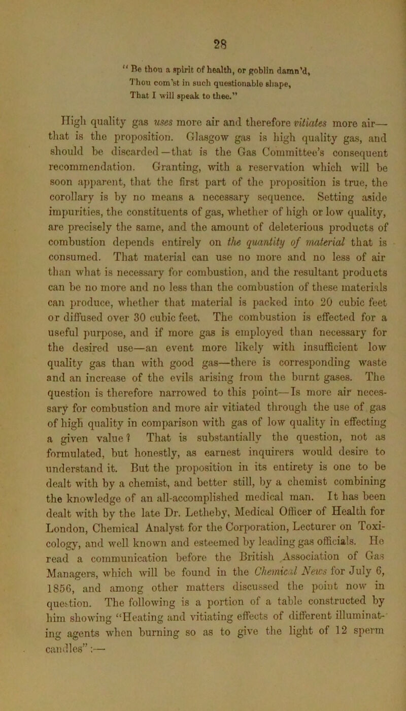  Re thou a gpirit of health, or ftoblln damn’d, Thou com’st in such questionable shape, That I will speak to thee.” High quality gas uses more air and therefore vitiates more air— that is the proposition. Gliisgow gas is liigh quality gas, and should he discarded—that is the Gas Committee’s consequent recommendation. Granting, with a reservation which will be soon api)arent, that the first part of the proposition is true, the corollary is by no means a necessary sequence. Setting aside impurities, the constituents of gas, whether of high or low quality, are precisely the same, and the amount of deleterious products of combustion depends entirely on t/ie quantity of vuiterial that is consumed. That material can use no more and no less of air than what is necessary for combustion, and the resultant products can be no more and no less than the combustion of these materi.als can i)roduce, whether that matenal is packed into 20 cubic feet or diffused over 30 cubic feet. The combustion is effected for a useful purpose, and if more gas is employed than necessary for the desired use—an event more likely with insufficient low quality gas than with good gas—there is corresponding waste and an increase of the evils arising from the burnt gases. The question is therefore narrowed to this point—Is more air neces- sary for combustion and more air vitiated through the use of gas of high quality in comparison with gas of low quality in effecting a given value 1 That is substantially the question, not as formulated, but honestly, as earnest inquirers would desire to understand it. But the proposition in its entirety is one to be dealt with by a chemist, and better still, by a chemist combining the knowledge of an all-accomplished medical man. It has been dealt with by the late Dr. Letheby, Medical Officer of Health for London, Chemical Analyst for the Corporation, Lecturer on Toxi- cology, and well known and esteemed by leading gas officials. Ho read a communication before the British Association of Gas Manager’s, which will be found in the Chemic il News for July 6, 1856, and among other matters discussed the point now in question. The following is a portion of a table constructed by him showing “Heating and vitiating effects of different illuminat- ing agents when burning so as to give the light of 12 spei-m can dies”:—