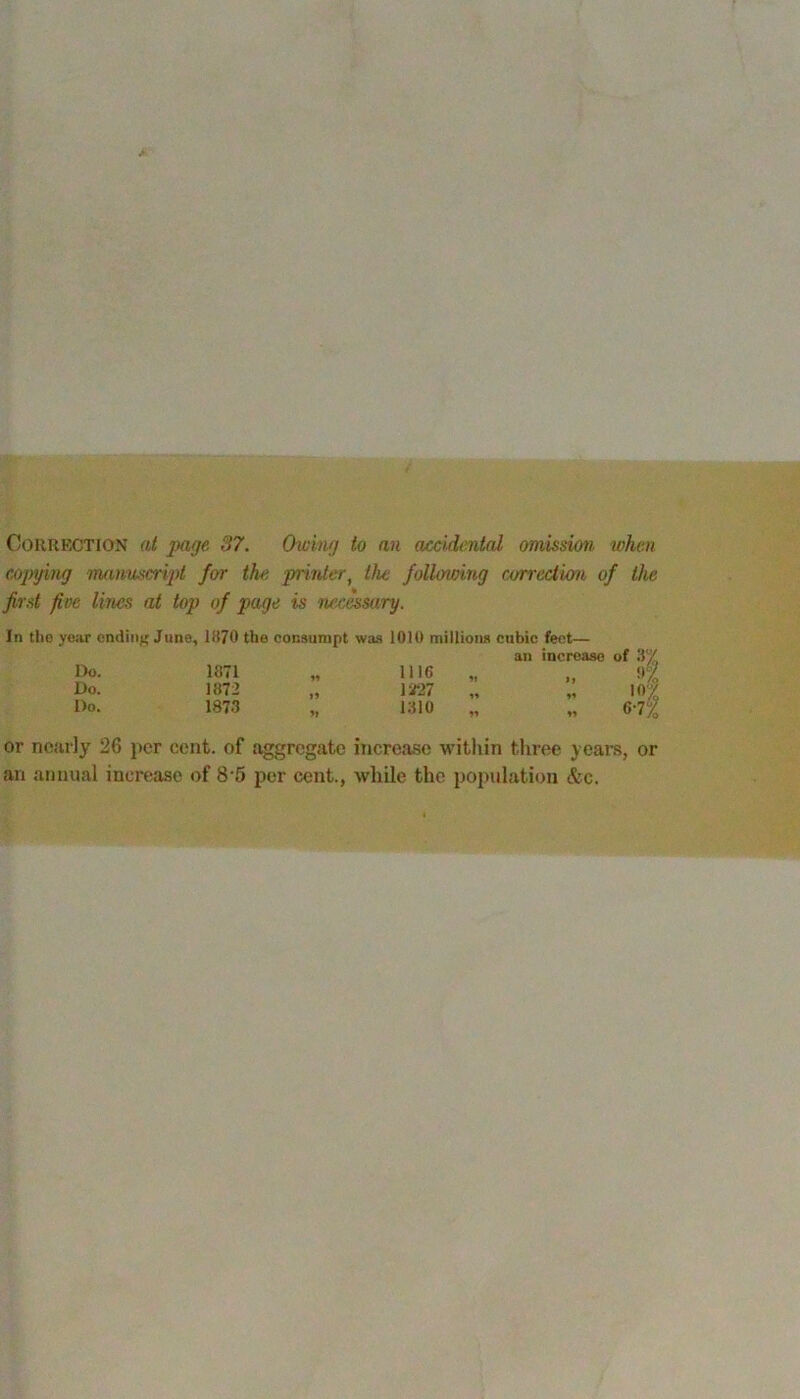 CoHRP’CTiON (d page S7. Owing to an accidental omission when copying manuscript for the printer^ the following CA/rredion of the first five lines at top of page is necAsary. In the yo!ir ending June, 1H70 the consumpt was 1010 millions cnbic feet— an increase of 3/i i:>o. 1871 19 1116 „ !'% Do. 1872 19 1^27 „ 99 10% Do. 1873 99 1310 „ 99 6-7% or nc.'irly 26 per cent, of aggregate increase within throe years, or an annual increase of 8-6 per cent., while the population &c.