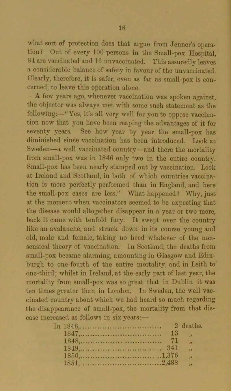 wliat sort of protection does that argue from Jenner’s opera- tion? Out of every 100 persons in the Small-pox Hospital, 84 are vaccinated and 16 unvaccinated. This assuredly leaves a considerable balance of safety in favour of the unvaccinated. Clearly, therefore, it is safer, even as far as small-pox is con- cerned, to leave this operation alone. A few years ago, whenever vaccination was spoken against, the objector was always met with some such statement as the following:—“Yes, it’s all very well for you to oppose vaccina- tion now that you have been reai)ing the advantages of it for seventy years. See how year by year the small-pox has diminished since vaccination has been introduced. Look at Sweden—a well vaccinated country—and there the mortality from small-pox was in 1846 only two in the entire countiy. Small-pox has been nearly stamped out by vaccination. Look at Ireland and Scotland, in both of which countries vaccina- tion is more perfectly performed than in England, and here the small-pox cases are less.” What liappened? Why, just at the moment when vaccinators seemed to be expecting that the disease would altogether disappear in a year or two more, back it came with tenfold fury. It swept over the country like an avalanche, and struck down in its course young and old, male and female, taking no heed whatever of the non- sensical theory of vaccination. In Scotland, the deaths from small-pox became alarming, amounting in Glasgow and Edin- burgh to one-fourth of the entire mortality, and in Leith to’ one-third; whilst in Ireland, at the early part of last year, the mortality from small-pox was so great that in Dublin it was ten times greater than in London. In Sweden, the well vac- cinated country about which we had heard so much regarding the disappearance of small-pox, the mortality from that dis- ease increased as follows in six years:— In 1846, 2 deaths. 1847, 13 „ 1848, 71 „ 1849, 341 „ 1850, 1,376 „ 1851, 2,488 „