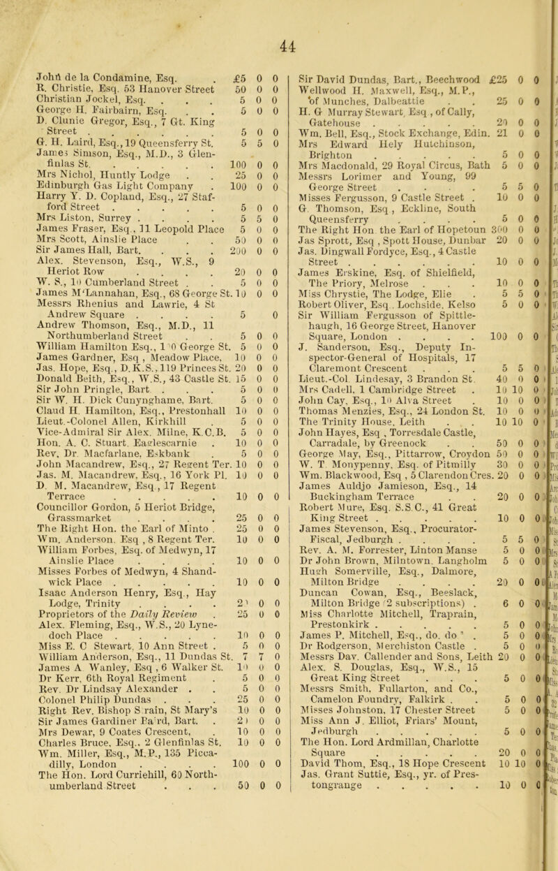 Johrl de la Condamine, Esq. £5 0 0 R. Christie, Esq. 53 Hanover Street 50 0 0 Christian Jockel, Esq. 5 0 0 George H. Fairbairn, Esq. D. Clunie Gregor, Esq., 7 Gt. King 5 0 0 Street ...... 5 0 0 G. H. Laird, Esq., 19 Queensferry St. James Simson, Esq., M.D., 3 Glen- 5 5 0 finlas St 100 0 0 Mrs Nichol, Huntly Lodge 25 0 0 Edinburgh Gas Light Company Harry Y. D. Copland, Esq., 27 Staf- 100 0 0 ford Street 5 0 0 Mrs Liston, Surrey .... 5 5 0 James Fraser, Esq., 11 Leopold Place 5 0 0 Mrs Scott, Ainslie Place 50 0 0 Sir James Hall, Bart. Alex. Stevenson, Esq., W.S., 9 200 0 0 Heriot Row .... 20 0 0 W. S., ID Cumberland Street . 5 0 0 James M'Lannahan, Esq., 68 George St. 10 Messrs Rhenius and Lawrie, 4 St 0 0 Andrew Square .... Andrew Thomson, Esq., M.D., 11 5 0 Northumberland Street 5 0 0 William Hamilton Esq., W0 George St 5 0 0 James Gardner, Esq , Meadow Place, 10 0 0 Jas. Hope, Esq., D.K.S., 119 Princes St 20 0 0 Donald Beith, Esq., W.S., 43 Castle St 15 0 0 Sir John Pringle, Bart . 5 0 0 Sir W. H. Dick Cunynghame, Bart. 5 0 0 Claud H. Hamilton, Esq., Prestonhall 10 0 0 Lieut.-Colonel Allen, Kirkhill 5 0 0 Vice-Admiral Sir Alex. Milne, K.C.B. 5 0 0 Hon. A. C. Stuart. Eaedescarnie 10 0 0 Rev, Dr. Macfarlane, Eskbank 5 0 0 John Macandrew, Esq., 27 Regent Ter 10 0 0 Jas. M. Macandrew, Esq., 16 York PI. D. M. Macandrew, Esq , 17 Regent 10 0 0 Terrace Councillor Gordon, 5 Heriot Bridge, 10 0 0 1 Grass market .... 25 0 0 The Right Hon. the Earl of Minto . 25 0 0 Wm. Anderson. Esq , 8 Regent Ter. William Forbes, Esq. of Medwyn, 17 10 0 0 Ainslie Place .... Misses Forbes of Medwyn, 4 Shand- 10 0 0 wick Place Isaac Anderson Henry, Esq., Hay 10 0 0 Lodge, Trinity .... Proprietors of the Daily Review Alex. Fleming, Esq., W.S., 20 Lyne- 2i 0 0 25 0 0 doch Place ..... 10 0 0 Miss E. C Stewart, 10 Ann Street . 5 0 0 William Anderson, Esq., 11 Dundas St. 7 7 0 James A Wanley, Esq , 6 Walker St. 10 0 0 Dr Kerr, 6th Royal Regiment 5 0 0 Rev. Dr Lindsay Alexander . 5 0 0 Colonel Philip Dundas 25 0 0 Right Rev. Bishop S rain, St Mary’s 10 0 0 Sir James Gardiner Pard, Bart. 2) 0 0 Mrs Dewar, 9 Coates Crescent, 10 0 0 Charles Bruce, Esq., 2 Glenfinlas St. Wm. Miller, Esq., M.P., 135 Picca- 10 0 0 dilly, London .... The Hon. Lord Curriehill, 60 North- 100 0 0 umberland Street 50 0 0 Sir David Dundas, Bart., Beech wood £25 0 0 Wellwood H. Maxwell, Esq., M. P., 'of Munches, Dalbeattie . . 25 0 0 H. G Murray Stewart, Esq , of Cally, Gatehouse 20 0 0 Wm. Bell, Esq., Stock Exchange, Edin. 21 0 0 Mrs Edward Ilely Hutchinson, Brighton 5 0 0 Mrs Macdonald, 29 Royal Circus, Bath 5 0 0 Messrs Lorimer and Young, 99 George Street . . • . 5 5 0 Misses Fergusson, 9 Castle Street . 10 0 0 G. Thomson, Esq , Eckline, South Queensferry , . . . 5 0 0 The Right Hon the Earl of Hopetoun 300 0 0 Jas Sprott, Esq , Spott House, Dunbar 20 0 0 Jas. DingwallFordyce, Esq., 4Castle Street 10 0 0 James Ersliine, Esq. of Shielfield, The Priory, Melrose 10 0 0 Miss Chrystie, The Lodge, Elie 5 5 0 Robert Oliver, Esq . Lochside, Kelso 5 0 0 Sir William Fergusson of Spittle- haugh, 16 George Street, Hanover Square, London .... J. Sanderson, Esq., Deputy In- spector-General of Hospitals, 17 Claremont Crescent 100 0 0 5 5 0 Lieut.-Col. Lindesay, 3 Brandon St. 40 0 0 Mrs Cadell, 1 Cambridge Street 10 10 0 John Cay, Esq., In Alva Street 10 0 0 Thomas Menzies, Esq., 24 London St. 10 0 0 The Trinity House, Leith 10 10 0 John Hayes, Esq , Torresdale Castle, Carradale, by Greenock 50 0 0 George May, Esq., Pittarrow Croydon 50 0 0 W. T Monypenny, Esq. of Pitmilly 30 0 0 Wm. Blackwood, Esq , 5 Clarendon Cres. 20 0 0 James Auldjo Jamieson, Esq., 14 Buckingham Terrace 20 0 0 Robert Mure, Esq. S.S.C., 41 Great King Street 10 0 0 James Stevenson, Esq., Procurator- Fiscal, Jedburgh .... 5 5 0 Rev. A. M. Forrester, Linton Manse 5 0 0 Dr John Brown, Milntown. Langholm 5 0 0 Hugh Somerville, Esq., Dalmore, Milton Bridge .... 20 0 0 Duncan Cowan, Esq., Beeslack, Milton Bridge f2 subscriptions) . 6 0 0 Miss Charlotte Mitchell, Trap rain, Prestonkirk 5 0 0 James P. Mitchell, Esq., do. do 1 . 5 0 0 Dr Rodgerson, Merchiston Castle . 5 0 0 Messrs Dav. Callender and Sons, Leith 20 0 0 Alex. S. Douglas, Esq., W.S., 15 Great King Street 5 0 0 Messrs Smith, Fullarton, and Co., Camelon Foundry, Falkirk . 5 0 0 Misses Johnston, 17 Chester Street 5 0 0 Miss Ann J. Elliot, Friars’ Mount, Jedburgh 5 0 0 The Hon. Lord Ardmillan, Charlotte Square 20 0 0 David Thom, Esq., 18 Hope Crescent 10 10 0 Jas. Grant Suttie, Esq., yr. of Pres- tongrange 10 0 0