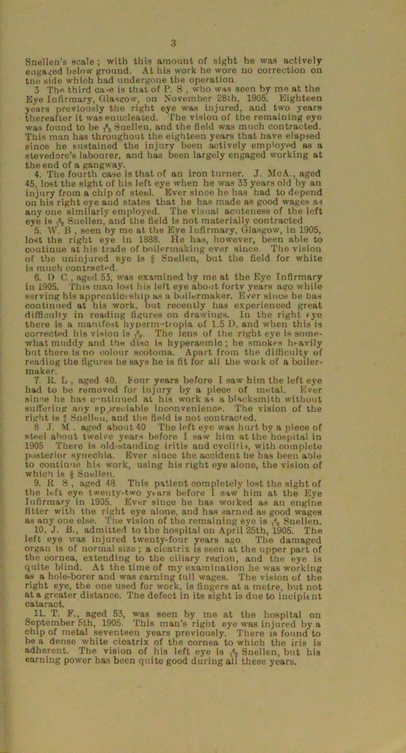Snellen’s scale ; with this amount of sight he was actively engaged below ground. At his work he wore no correction on tne side which had undergone the operation 3 The third ca<e is that of P. S , who was seen by me at the Eye Infirmary, Glasgow, on November 28th, 1905. Eighteen years previously the right eye was injured, and two years thereafter it was enucleated. The vision of the remaining eye was found to be T*2 Snellen, and the field was much contracted. This man has throughout the eighteen years that have elapsed since he sustained the injury been actively employed as a stevedore’s labourer, and has been largely engaged working at the end of a gangway. 4. The fourth case is that of an iron turner. J. McA., aged 45, lost the sight of his left eye when he was 33 years old by an injury from a chip of steel. Ever since he has had to depend on his right eye and states that he has made as good wages as any one similarly employed. The visual acuteness of the left eye is ,4, Snellen, and the field is not materially contracted 5. W. B , seen by me at the Eye Infirmary, Glasgow, in 1905, lost the right eye in 1888. He has, however, been able to continue at his trade of boilermaking ever since. The vision of the uninjured eye is ji Snellen, but the field for white is much contracted. 6. 1) C., aged 53, was examined by me at the Eye Infirmary in 1905. This man lost his left eye about forty years ago while serving his apprenticeship as a boilermaker. Ever since he has continued at his work, but recently has experienced great difficulty in readiug figures on drawings. In the right eye there is a manifest hypermRropia of 1.5 1), and when this is corrected bis vision is The lens of the right eye is some- what muddy and the disc is hyperaemic; he smokps heavily but there is no colour seotoma. Apart from the difficulty of readiug the figures he says he is fit for all the work of a boiler- maker. 7. R. L , aged 40. lour years before I saw him the left eye had to be removed for injury by a piece of metal. Ever since he has cmtinued at his work as a blacksmith without sutiering any epjreciable inconvenience. The vision of the right is f Snellen, and the field is not contracted. 8 J. M . aged about 40 The left eye was hurt by a piece of steel about twelve years before I saw him at the hospital in 1905 There is old-standing iritis and cyclitii, with complete posterior synechia. Ever since the accident he has been able to continue his work, using his right eye alone, the vision of which is | Snellen. 9. R S , aged 48. This patient completely lost the sight of the left eye twenty-two years before I saw him at the Eye Infirmary in 1905. Ever since he has worked as an engine fitter with the right eye alone, aud has earned as good wages as any one else. The vision of the remaining eye is Snellen. 10. J. B., admitted to the hospital on April 25th, 1905. The left eye was injured twenty-four years ago. The damaged organ is of normal size ; a cicatrix is seen at the upper part of the cornea, extending to the ciliary region, and the eye is quite blind. At the time of my examination he was working as a hole-borer and was earning full wages. The vision of the right eye, the one used for work, is fingers at a metre, but not at a greater distance. The defect in its sight is due to incipient cataract. 11. T. F., aged 53, was seen by me at the hospital on September 5th, 1905. This man's right eye was injured by a chip of metal seventeen years previously. There is found to be a dense white cicatrix of the cornea to which the iris is adherent. The vision of his left eye is ,*2 Snellen, but his earning power has been quite good during all these years.