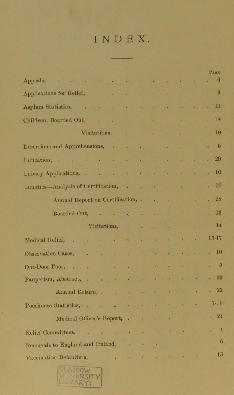 INDEX. Pagb Appeals B Applications for Relief, ......... 3 Asylum Statistics, 11 Children, Boarded Out, IS Visitations, . . . . . . .19 Desertions and Apprehensions 5 Education, 20 Lunacy Applications, 10 Lunatics -Analysis of Certification 12 Annual Report on Certification, . . . . ' . 28 Boarded Out, . . 13 Visitations, 14 Medical Relief, 15-17 Observation Cases, 10 Out-Door Poor, ....•• ® Pauperism, Abstract, ....•••••• 20 Annual Return, ** . 7 i(i Poorhouse Statistics, . . . • • • ' • * ' Medical Officer’s Report, • 21 Relief Committees, . Removals to England and Ireland, ... * *’ Vaccination Defaulters, , jV-W30W y ' ER.SITY