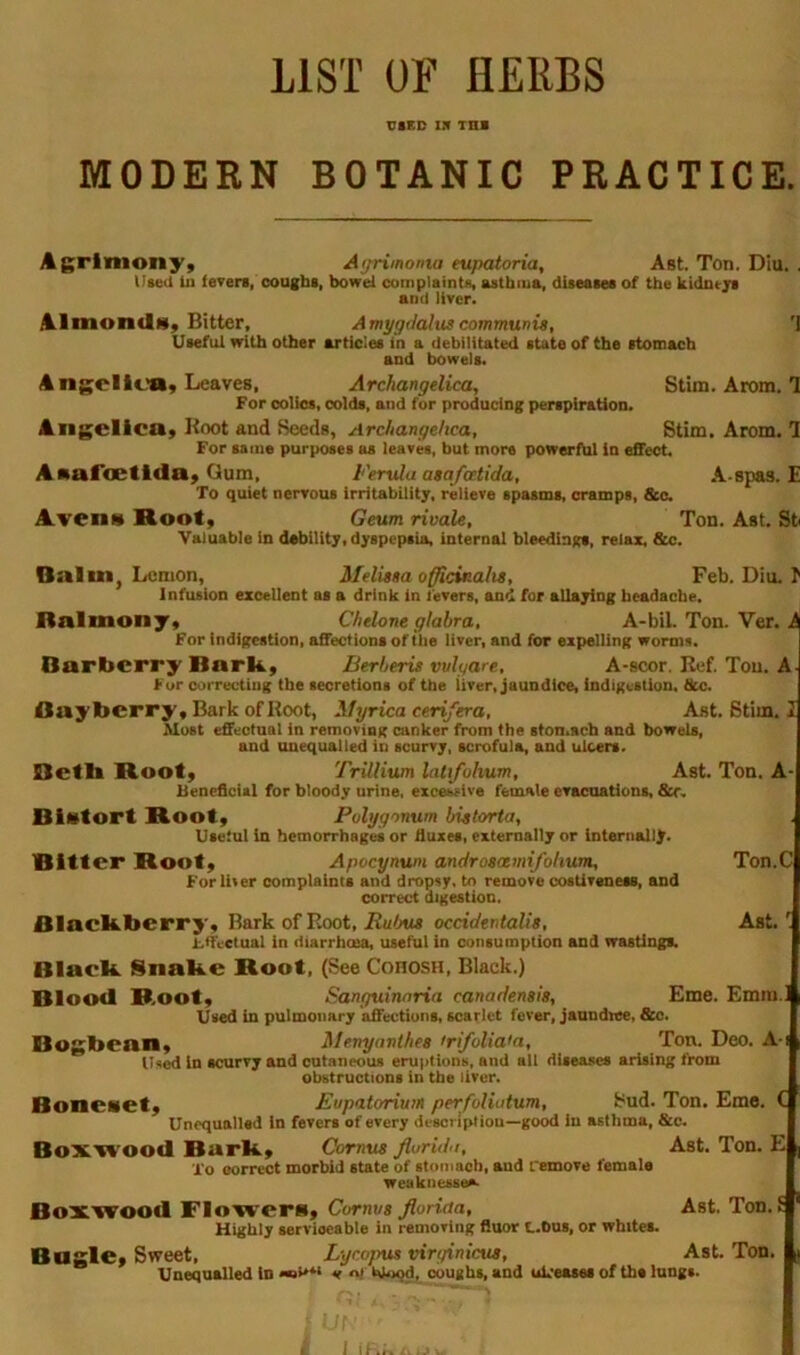 LIST OF HERBS USED Z2V THE MODERN BOTANIC PRACTICE. Agrimony^ A(jrimonia eupatoria, Ast. Ton. Diu, . Wted iu fevers, coughs, bowel complainU, asthma, diseases of the kidoefs and liver. AlmondtSy Bitter, Amygdaluscommunis, T Useful with other articles in a debilitated state of the stomach and bowels. A ngcllcay Leaves, Archangelica, Stim. Arom. 1 For colics, colds, and for producing perspiration. Angelica^ Boot and Seeds, Archangelica, Stim. Arom. 1 For same purposes as leaves, but more powerAil in effect, Anaroetlday Gum, Ferula asa/atida. A-spas. £ To quiet nervous irritability, relieve spasms, cramps, &c. Aveim Rooty Geum rivals. Ton. Ast. St Valuable in debility, dyspepsia, internal bleedings, relax, &c. Ton.C Oalin, Lemon, Melissa officinalis, Feb. Diu. f Infusion excellent as a drink in levers, and for allaying headache. nalmonys Chelone glabra, A-bil. Ton. Ver. i For indigestion, affections of the liver, and for expelling worms. Barberry Barky Berberis vulgare, A-scor. Kef. Ton. A For correcting the secretions of the liver, jaundice, indigestion. See. Bay berry. Bark of Root, Afyrica cerifera, Ast. Stim. I Most effectual in removing canker from the ston.ach and bowels, and unequalled in scurvy, scrofula, and ulcers. Etctk Rooty Trillium latifohum, Ast. Ton. A- UeneficUl for bloody urine, excessive female evacnations, &r. Bliltort Rooty Polygonum bistorta. Useful in hemorrhages or fluxes, externally or internally. Ritter Rooty Apocynuni androscemifolium. For liter complaints and dropsy, to remove costiveneas, and correct digestion. Blackberry, Bark of Root, occidentalis, i:,ffectual in diarrhoea, useful in consumption and wastlngs. Black Snake Root, (See ConosH, Black.) Blood R.ooty Sanguinnria canadensis, Erne. Emm Used in pulmonary affections, scarlet fever, jaundme, &c. Bogbean, Menyanlhes iri/olia'a. Ton. Deo. A- Used in scurvy and cutaneous eruptions, and all diseases arising from obstructions in the liver. Bonesety Eupatorium perfolintum, bud. Ton. Erne. C Unequalled in fevers of every dcsoripliou—good in asthma, &c. Boxwood Barky Cornus florUh, Ast. Ton. E To correct morbid state of stomach, and remove female weaknesses. Boxwood FlowerSy Cornvs jioricta, Ast. Ton. Highly serviceable in removing fluor (..bus, or whites. BuglCy Sweet, Lycojms virginicus, Ast. Ton. XJncQUEll^d Id a/ ^}oQdy coughs, and uiaCAset of Uie lungs* Ast. I