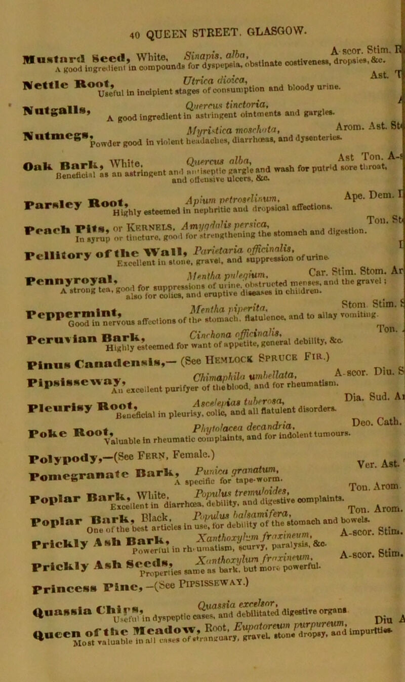 40 QUEEN STREET. GLASGOW. w.nle R.mt,^, ...d b,0«« Wn«o-(k11a Qiierms tinctoria, T«atgailS, ^ ingredient In ast. InRent olntmenU and gargles. Myristicamosch'fta, Arom. Ast St W ^ headacbes. diarrhoeas, and dysenteries. Ape. Dem. I Ton. St I P„r.ley z ......■.««»» PellU.ry .f .he V \f^nthd vfih.oiutn* C&r, Sinn. Stom* Ar '’®****G^n‘”^vUaffec.ionsofSotr^^^^^ Peruvian BarU,^_^ .ehi.ity, Pin«8 CanatlenNili,- (See Hemlock Spruce Fir.) v>inRlaa<.wav Chimaphila umheUata, A-scor. Diu. S PipMlSne'l^ “^.’excellent purifyer of theblood. and for rheumatUn. Pl®rl«y Pofce B®®*»^,„^i,,nin rheumatlc^SlSSiU. SSndilent tumours. Polypody,-(See Fern, Female.) ^ ^ , Pomegranate BarU, ^ poplar —»■ J; Poplar Pr.ch.ya.hBarK,,^_^^^^^ ’ Prlchly A.h Princess Pine, -(See Pipsisseway.) A-scor. Stim. (Quassia a lie cSet^and d^mutld digestireorgana _ T»-_A z7a..w.«^MM» rALmureurn* UsefuUn (lyspept'u Diu A