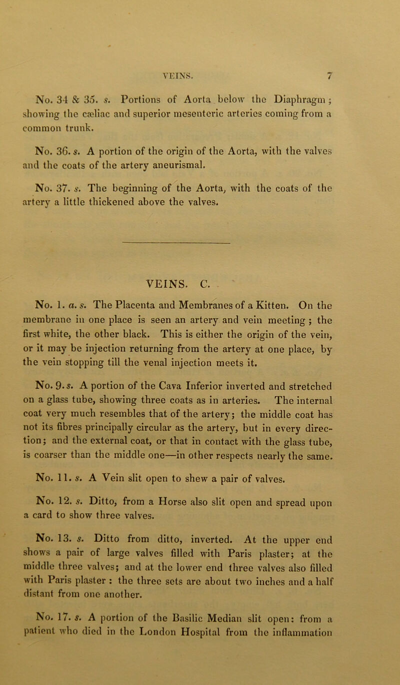 No. 34 & 35. s. Portions of Aorta below the Diaphragm; showing the cseliac and superior mesenteric arteries coming from a common trunk. No. 36. s. A portion of the origin of the Aorta, with the valves and the coats of the artery aneurismal. No. 37. s. The beginning of the Aorta, with the coats of the artery a little thickened above the valves. VEINS. C. No. 1. a.s. The Placenta and Membranes of a Kitten. On the membrane in one place is seen an artery and vein meeting ; the first white, the other black. This is either the origin of the vein, or it may be injection returning from the artery at one place, by the vein stopping till the venal injection meets it. No. 9-s. A portion of the Cava Inferior inverted and stretched on a glass tube, showing three coats as in arteries. The internal coat very much resembles that of the artery; the middle coat has not its fibres principally circular as the artery, but in every direc- tion; and the external coat, or that in contact with the glass tube, is coarser than the middle one—in other respects nearly the same. No. 11. s. A Vein slit open to shew a pair of valves. No. 12. s. Ditto, from a Horse also slit open and spread upon a card to show three valves. No. 13. s. Ditto from ditto, inverted. At the upper end shows a pair of large valves filled with Paris plaster; at the middle three valves; and at the lower end three valves also filled with Paris plaster : the three sets are about two inches and a half distant from one another. No. 17. ^. A portion of the Basilic Median slit open: from a patient who died in the London Hospital from the inflammation