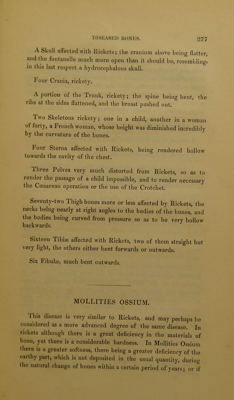 A Skull aftected with Rickets; the cranium above being flatter, and the fontanelle much more open than it should be, resembling? in this last respect a hydrocephalous skull. Four Crania, rickety. A portion of the Trunk, rickety; the spine being bent, the ribs at the sides flattened, and the breast pushed out. Two Skeletons rickety; one in a child, another in a woman of forty, a Frenchwoman, whose height was diminished incredibly by the curvature of the bones. Four Sterna affected with Rickets, being rendered hollow towards the cavity of the chest. Ihree Pelves very much distorted from Rickets, so as to render the passage of a child Impossible, and to render necessary the Caesarean operation or the use of the Crotchet. Seventy-two Thigh bones more or less affected by Rickets, the necks being nearly at right angles to the bodies of the bones, and the bodies being curved from pressure so as to be very hollow backwards. Sixteen Tibiae affected with Rickets, two of them straight but very light, the others either bent forwards or outwards. Six Fibulae, much bent outwards. MOLLITIES OSSIUM. This disease is very similar to Rickets, and may perhaps be considered as a more advanced degree of the same disease. In rickets although there is a great deficiency in the materials of bone, yet there is a considerable hardness. In Mollities Osslum there is a greater softness, there being a greater deficiency of the earthy part, which is not deposited in the usual quantity, during the natural change of bones within a certain period of years; or Tf