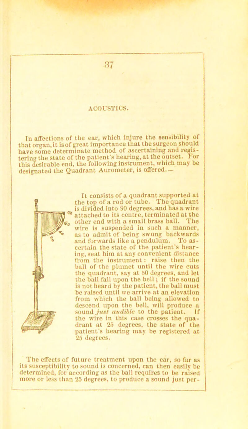M7 ACOUSTICS. In affections of the ear, which injure the sensibility of that organ, it is of great importance that the surgeon should have some determinate method of ascertaining and regis- tering the state of the patient's hearing, at the outset. For this desirable end, the following Instrument, which may be designated the Quadrant Aurometer, is offered.— It con.sistsofa quadrant supported at the top of a rod or tube. The quadrant is divided into 90 degrees, and has a wire attached to its centre, terminated at the Wf, other end with a small brass ball. The r wire is suspended in such a manner, ^ as to admit of being swung backwards and forwards like a pendulum. To as- certain the state of the patient's hear- ing, seat him at any convenient distance from the instrument: raise then the ball of the plumet until the wire cuts the quadrant, say at 50 degrees, and let the ball fall upon the bell; if the sound is not heard by the patient, the ball must be raised until we arrive at an elevation from which the ball being allowed to descend upon the bell, will produce a sound audible to the patient. If the wire in this case crosses the qua- drant at 2.5 degrees, the state of the patient's hearing may be registered at 25 degrees. The effects of future treatment upon the car, so fur as its susceptibility to sound is concerned, can then easily be j determined, for according as the ball requires to be raised ( more or less than 25 degrees, to produce a sound just per- I