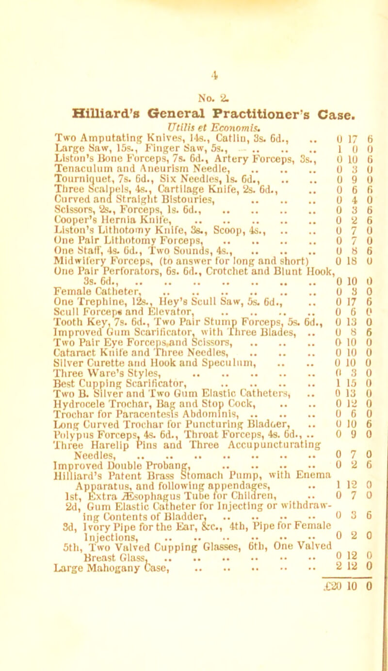 No. i Hilliard’s General Practitioner's Case. ITtllis el Economis. Two Amputating Knives, Catllu, 3s. 6d., .. u 17 Large Saw, 15s.,' Finger Saw, 5s., 1 0 Liston’s Hone Forceps, 7s. 6d., Artery Forceps, 3s., 0 10 Tenaculum and Aneurism Needle, 0 3 Tourniquet, 7s. 6d., Six Needles, Is. 6d., .. .. 0 9 Tliree Scalpels, 4s., Cartilage Kuife, 2s. 6d., .. 0 6 Curved ana Straight Bistouries, 0 4 Scissors, 2s., Forceps, Is. 6d., 0 3 Cooper’s Hernia Knife, 0 2 Liston’s Lithotomy Knife, 3s., Scoop, 4s., .. .. 0 7 One Pair Lithotomy Forceps, 0 7 One Staff, 4s. Cd., Two Sounds, 4s., OS Midwifery Forceps, (to answer for long and short) 0 18 One Pair Perforators, 6s. 6d., Crotchet and Blunt Hook, 3s. 6d., 0 10 Female Catheter, 0 3 One Trephine, 1^, Hey’s Scull Saw, 5s. 6d., .. 0 17 Scull Forceps and Elevator, 0 6 Tooth Key, 7s. 6d., Two Pair Stump Forceps, 5s. 6d., 0 13 Improved Gum Scarificator, with Three Blades, .. 0 8 Two Pair Eye Forcens,and Scissors, 0 10 Cataract Knife and Three Needles, 0 10 Silver Curette and Hook and Speculum, .. .. 0 10 Three Ware’s Styles, 0 3 Best Cupping Scarlhcator, 1 15 Two B. silver and Two Gum Elastic Catheters, .. 0 13 Hydrocele Trochar, Bag and Stop Cock, .. .. 0 12 Trochar for Paracentesis Abdominis, 0 6 Long Curved Trochar for Puncturing Bladoer, .. 0 10 Polypus Forceps, 4s. 6d., Throat Forceps, 4s. 6d., .. 0 9 Three Harelip Pins and Three Accupuncturatlng Needles, 0 7 Improved Double Probang, 0 2 Hilliard’s Patent Brass Stomach Pump, with Enema Apparatus, and following appendages, .. 1 12 1st, Extra TEsophagus Tube for Children, .. 0 7 2d, Gum Elastic Catheter for Injecting or withdraw- ing Contents of Bladder, 0 3 3d, Ivory Pipe for the Ear, &c., 4th, Pipe for Female Injections, 0 2 5th, Two Valved Cupping Glasses, 6th, One Valved Breast Glass, 0 12 Large Mahogany Case, 2 12 6 0 6 0 0 6 0 6 6 0 0 6 0 0 0 6 0 0 6 0 0 0 0 0 0 0 0 6 0 0 6 0 0 6 0 0 0 .C20 10 0