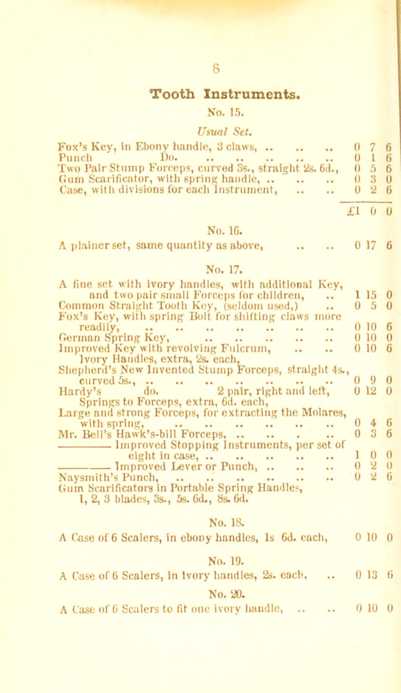 Tooth Instruments. No. l.'i. Usual Set. Fox’s Key, In Ebony handle, 3 claws, 0 7 6 Punch Do. 0 16 Two Pair Stump Forceps, c\irved Ss., straight & 6d., 0 5 6 (turn Scarificator, with spring handle, 0 3 0 Case, with divisions for each Instrument, .. .. 0 2 6 £10 0 No. 16. A plainer set, same quantity ns above, .. .. 0 17 6 No. 17. A fine set with Ivory handles, with additional Key, and two pair small Forceps for children, .. 1 15 0 Common Straight Tooth Key, (seldom used,) .. 0 5 0 Fox’s Key, with spring Bolt for shifting claws more readily, 0 10 6 fJermnn Spring Key, 0 10 0 Improved Key with revolving Fulcrum, .. .. 0 10 6 Ivory Handles, extra, 2s. each. Shepherd’s New Invented Stump Forceps, straight 4s., curved 5s., 0 9 0 Hardy’s do. 2 pair, right and lett, 0 12 0 Springs to Forceps, extra, fid. each. Large and strong Forceps, for extracting the Molares, with spring, 0 4 6 Mr. Bell’s Hawk’s-bill Forceps, .. 0 3 6 Improved Stopping Instruments, per set of eight in case, 10 0 Improved Lever or Punch, 0 2 0 Nnysmith’s Punch, 0 2 6 tiiim Scarificators in Portable Spring Handles, 1, 2, 3 blades, 3s., 5s. 6d., 8s. Od. No. IS. A Case of 6 Scalers, in ebony handles. Is 6d. each, 0 10 0 No. 19. A Case of 6 Scalers, In Ivory handles, 2s. each, .. 0 13 6 No. 20. A Cilse of 6 Sciilers to fit one ivory handle, .. 0 10 0
