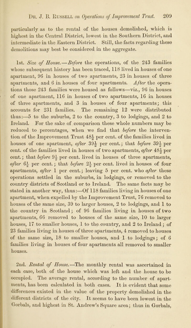 particularly as to the rental of the houses demolished, which is highest in the Central District, lowest in the Southern District, and intermediate in the Eastern District. Still, the facts regarding these demolitions may best be considered in the aggregate. 1st. Size of House.—Before the operations, of the 243 families whose subsequent history has been traced, 118 lived in houses of one apartment, 96 in houses of two apartments, 23 in houses of three apartments, and 6 in houses of four apartments. After the opera- tions those 243 families were housed as follows—viz., 96 in houses of one apartment, 116 in houses of two apartments, 16 in houses of three apartments, and 3 in houses of four apartments; this accounts for 231 families. The remaining 12 were distributed thus:—5 to the suburbs, 2 to the country, 3 to lodgings, and 2 to Ireland. For the sake of comparison these whole numbers may be reduced to percentages, when we find that before the interven- tion of the Improvement Trust 48J per cent, of the families lived in houses of one apartment, after 39J percent.; that before 39 J per cent, of the families lived in houses of two apartments, after 48J per cent.; that before 9J per cent, lived in houses of three apartments, after 6|- per cent.; that before per cent, lived in houses of four apartments, after 1 per cent.; leaving 5 per cent, who after these operations settled in the suburbs, in lodgings, or removed to the country districts of Scotland or to Ireland. The same facts may be stated in another way, thus:—Of 118 families living in houses of one apartment, when expelled by the Improvement Trust, 76 removed to houses of the same size, 39 to larger houses, 2 to lodgings, and 1 to the country in Scotland; of 96 families living in houses of two apartments, 66 removed to houses of the same size, 10 to larger houses, 17 to smaller houses, 1 to the country, and 2 to Ireland; of 23 families living in houses of three apartments, 4 removed to houses of the same size, 18 to smaller houses, and 1 to lodgings; of 6 families living in houses of four apartments all removed to smaller houses. 2nd. Rental of House.—The monthly rental was ascertained in each case, both of the house which was left and the house to be occupied. The average rental, according to the number of apart- ments, has been calculated in both cases. It is evident that some differences existed in the value of the property demolished in the different districts of the city. It seems to have been lowest in the Gorbals, and highest in St. Andrew’s Square area; thus in Gorbals,