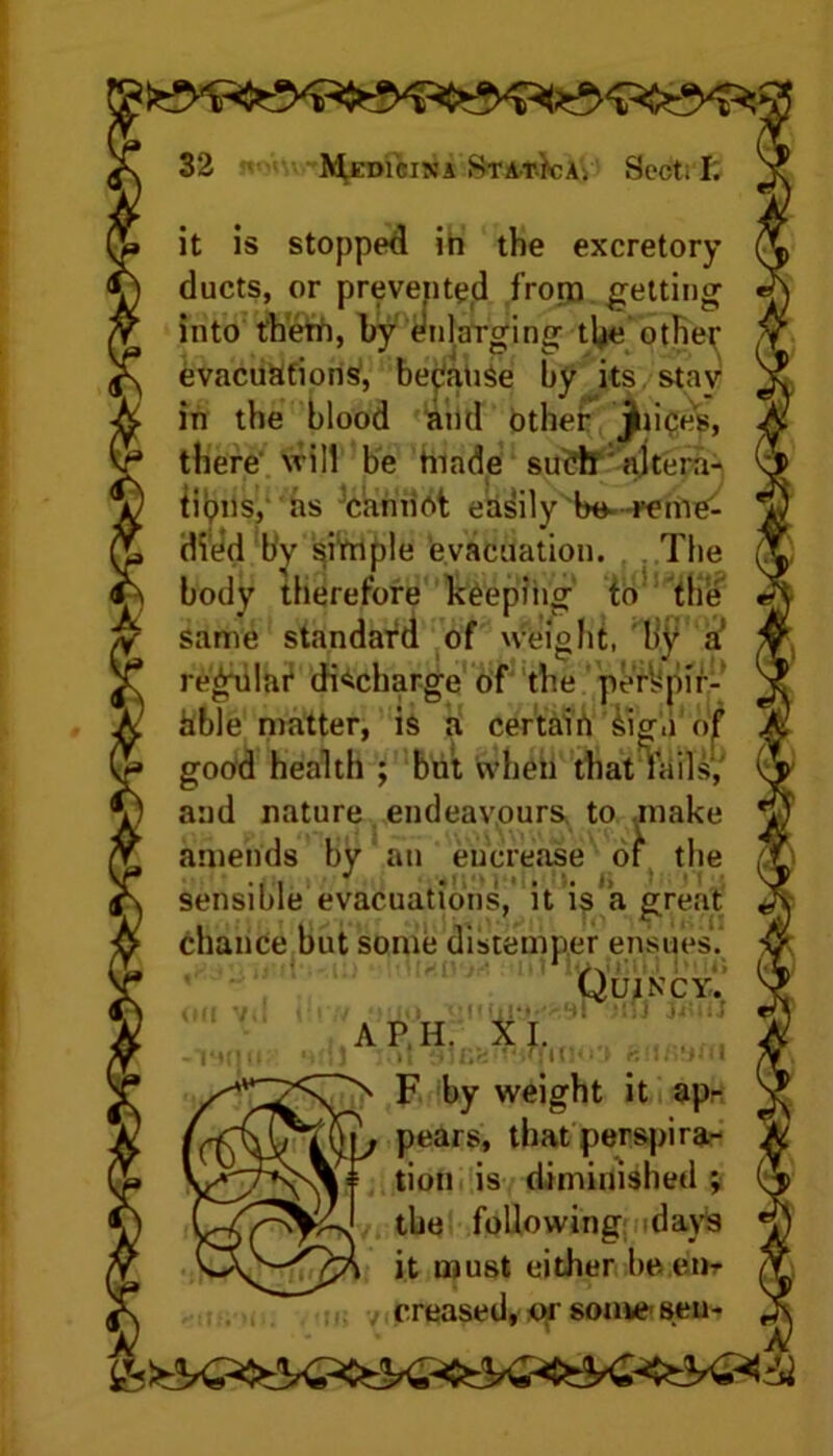 it is stopped iri the excretory ducts, or prevented from getting into them, by Enlarging tlje other evacuations, because by its stav in the blood and other jkiices, there will be tnade su^lf'ajtera- tipns, as cannot easily be- rerne^ died by siVrtple evacuation. The body therefore keeping to the same standard of weight, hv a regular discharge of the per^pir- hble matter, is a certairt &igo of good health ; but vvheii that fails, and nature endeavours to .make amends by an encrease oF the sensible evacuations, it is a great chance but some aistemuer ensues. Quincy. A P H. X I. F by weight it ap- ijj pears, that perspira- tion is diminished ; the followingfiidays it must either be e»r creased, or some1 seu-