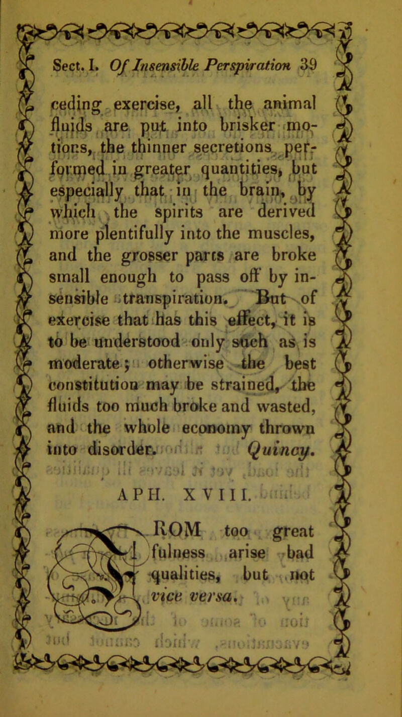 • < • * . . *• •' - ■ ■ Sect. I. Of Insensible Perspiration 39 ceding exercise, all the animal fluids are put into brisker mo- *Vr , Asm* tions, the thinner secretions per- formed in greater quantities, but especially that in the brain, by which the spirits are derived more plentifully into the muscles, and the grosser parts are broke small enough to pass off by in- sensible -transpiration. But of exercise that has this effect, it is to be understood only such as is moderate; otherwise the best constitution may be strained, the fluids too much broke and wasted, and the whole economy thrown into disorder. Quincy. emu.! ill g'lVGSl A P H. XVIII. ROM too great fulness arise bad qualities, but not vice versa. lud lo’uiiRO doin'-. mod UOlJ OfiVO