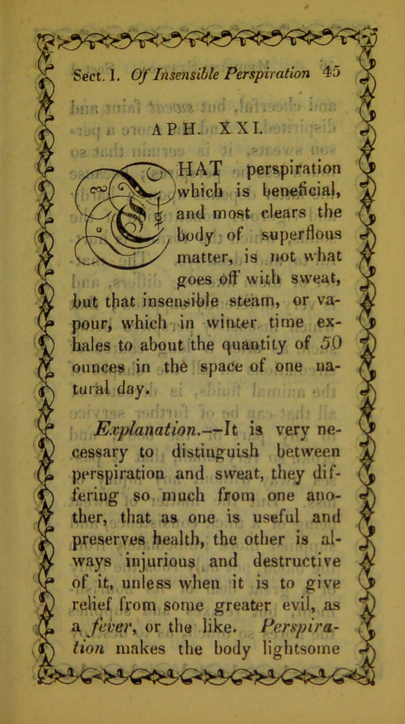 fjI v/ 3XJU f i ij.1. # .* '• ! * « -n<> APH. XXI. Inin £nHAT perspiration which is beneficial, and most clears the body of superfious matter, is not what goes off with sweat, but that insensible steam, or va- pour, which in winter time ex- hales to about the quantity of 50 ounces in the space of one na- tural day. Explanation.—It is very ne- cessary to distinguish between perspiration and sweat, they dif- fering so much from one ano- ther, that as one is useful and preserves health, the other is al- ways injurious and destructive of it, unless when it is to give relief from some greater evil, as a fever, or the like. Perspira- tion makes the body lightsome