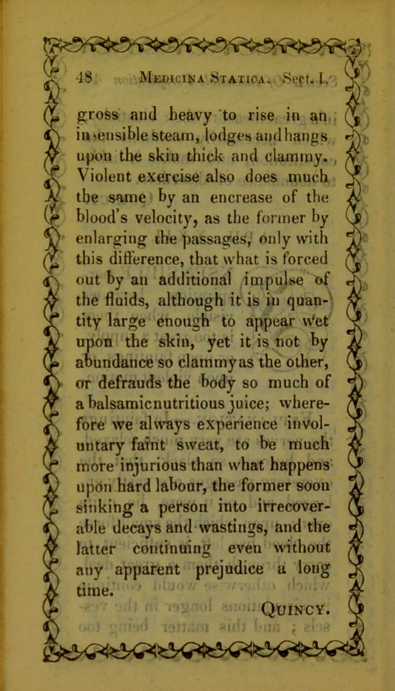 gross and heavy to rise in an insensible steam, lodges and hangs upon the skin thick and clammy. Violent exercise also does much the same by an encrease of the blood’s velocity, as the former by enlarging the passages, only with this difference, that what is forced out by an additional impulse of the fluids, although it is in quan- tity large enough to appear \Vet upon the skin, yet it is not by abundance so clammyas the other, or defrauds the body so much of a balsamicnutritious juice; where- fore we always experience invol- untary faint sweat, to be much more injurious than what happens upon hard labour, the former soon sinking a person into irrecover- able decays and wastings, and the latter continuing even without any apparent prejudice a long time. Quincy.