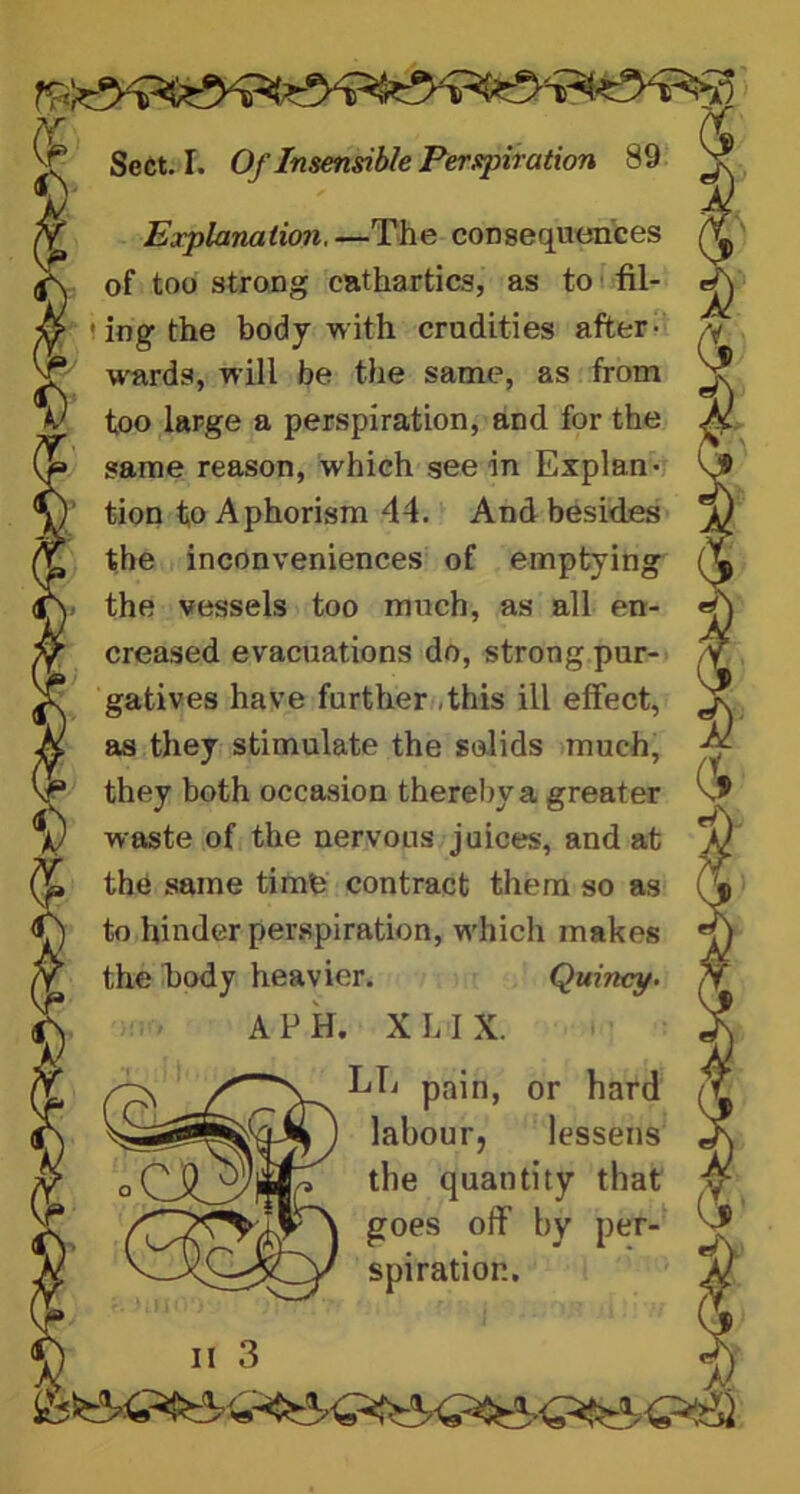 Explanation, —The consequences of too strong cathartics, as to fil- •ingthe body with crudities after- wards, will be the same, as from too large a perspiration, and for the same reason, which see in Explan- tion to Aphorism 44. And besides the inconveniences of emptying the vessels too much, as all en- creased evacuations do, strong pur- gatives have further .this ill effect, as they stimulate the solids much, they both occasion thereby a greater waste of the nervous juices, and at the same timfe contract them so as to hinder perspiration, which makes the body heavier. Quincy. A P H. X L I X. LE pain, or hard labour, lessens the quantity that goes off by per- spiration.