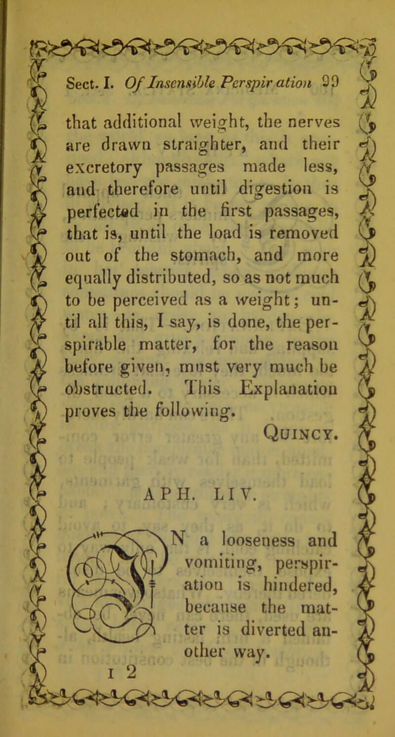 rf Sect-1. Of Insensible Pcrspir at ion 30 N? j) that additional weight, the nerves are drawn straighter, and their excretory passages made less, n and therefore until digestion is perfected in the first passages, that is, until the load is removed out of the stomach, and more equally distributed, so as not much ^ to be perceived as a weight; un- «/\ til all this, I say, is done, the per- - spirable matter, for the reason before given, must very much be obstructed. This Explanation proves the following. Quincy. A PH. LIY. % I 2 N a looseness and vomiting, perspir- ation is hindered, because the mat- ter is diverted an- other way.