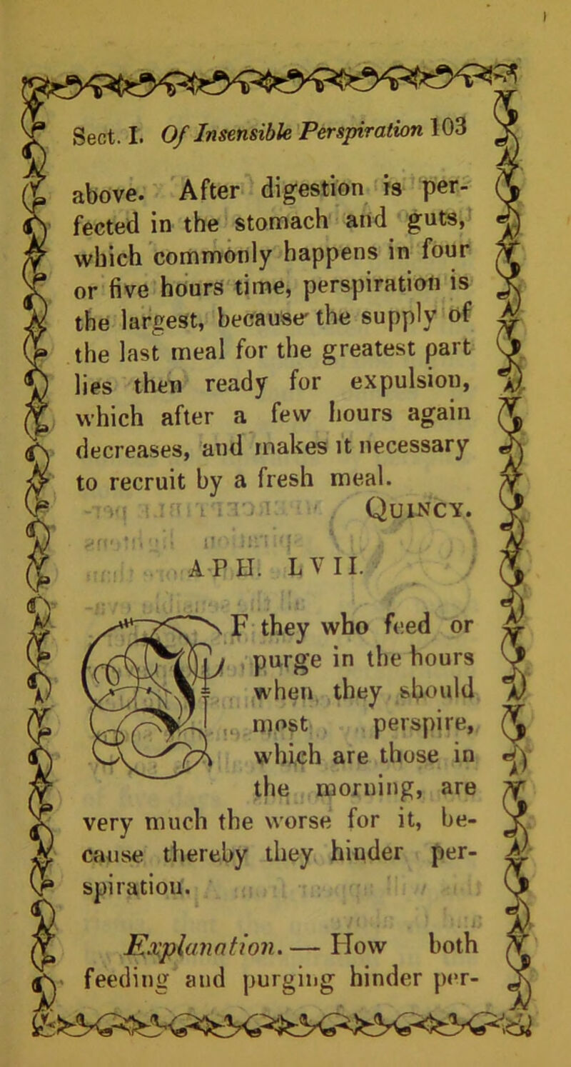 above. After digestion is per- fected in the stomach and guts, which commonly happens in four or five hours time, perspiration is the largest, because- the supply of the last meal for the greatest part lies then ready for expulsion, which after a few hours again decreases, and makes it necessary to recruit by a fresh meal. Quincy. A PH. L V 11. \ F they who feed or , purge in the hours when they should most perspire, which are those in the morning, are very much the worse for it, be- cause thereby they hinder per- spiration. jJk J' .'b iY Explanation. — Flow both jY feeding and purging hinder per-