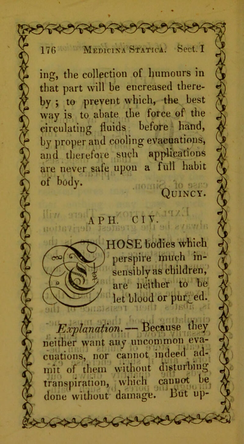 ing, the collection of humours in that part will be encreased there- by ; to prevent which, the best way is to abate the force of the circulating fluids before hand, by proper and cooling evacuations, and therefore such applications are never sale upon a full habit of body. Quincy. A PH. CIT. j'l/.l HOSE bodies which perspire much in- sensibly as children, are neither to be let blood or pur ed. Explmiation.— Because they neither want any uncommon eva- cuations, nor cannot indeed ad- mit of them without disturbing transpiration, which cannot be done without damage. But up-