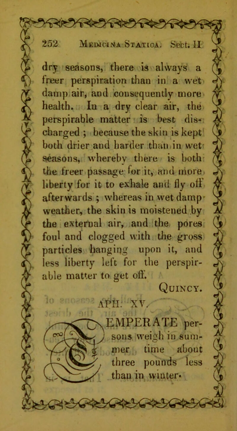 dry seasons, there is always a freer perspiration than in a wet damp air, and consequently more health. In a dry clear air, the perspirable matter is best dis- charged ; because the skin is kept both drier and harder than in wet seasons, wherebv there is both the freer passage for it, and more liberty for it to exhale and fly oil afterwards ; whereas in wet damp- weather, the skin is moistened by the external air, and the pores foul and clogged with the gross particles hanging upon it, and less liberty left for the perspir- able matter to get oft’. Quincy. AHI: XV, ^EMPERATE per- j sons weigh in sum- mer time about three pounds less thau in winter*