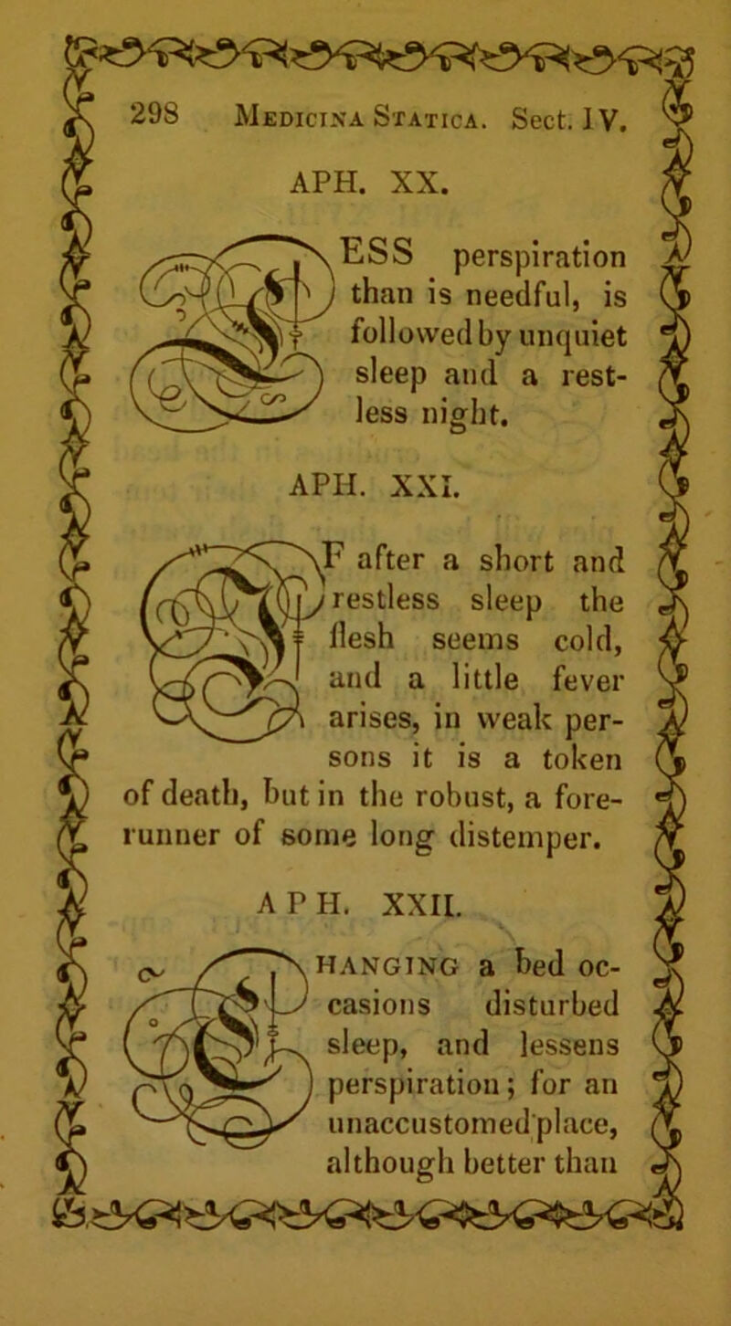 tioib perspiration than is needful, is followed by unquiet sleep and a rest- less night. a^ter a s^ort an^ (f^VLV ^10L/ restless sleep the flesh seems cold, and a little fever arises, in weak per- sons it is a token of death, hut in the robust, a fore- runner of some long distemper. A PH. XXII. tv S' Unhanging a bed oc- casions disturbed v s^eeP» an(^ lessens ) perspiration; for an unaccustomed place, although better than