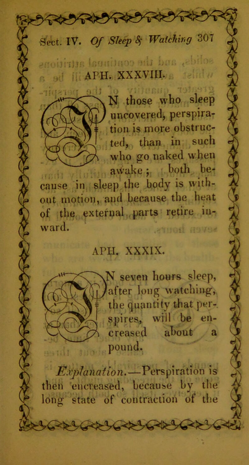 APH. XXXVIII. kN those who sleep 1 uncovered* perspira- v* tion is more obstruc- ted, than in such who go naked when awake; both be- cause in sleep the body is with- out motion, and because the heat of the external parts retire in- ward. APH. XXXIX. seven hours sleep, after long watching, the quantity that per- spires, will be en- creased about a pound. Expla n at ion.—Pers pi ration is then encreased, because by the long: state of contraction of the