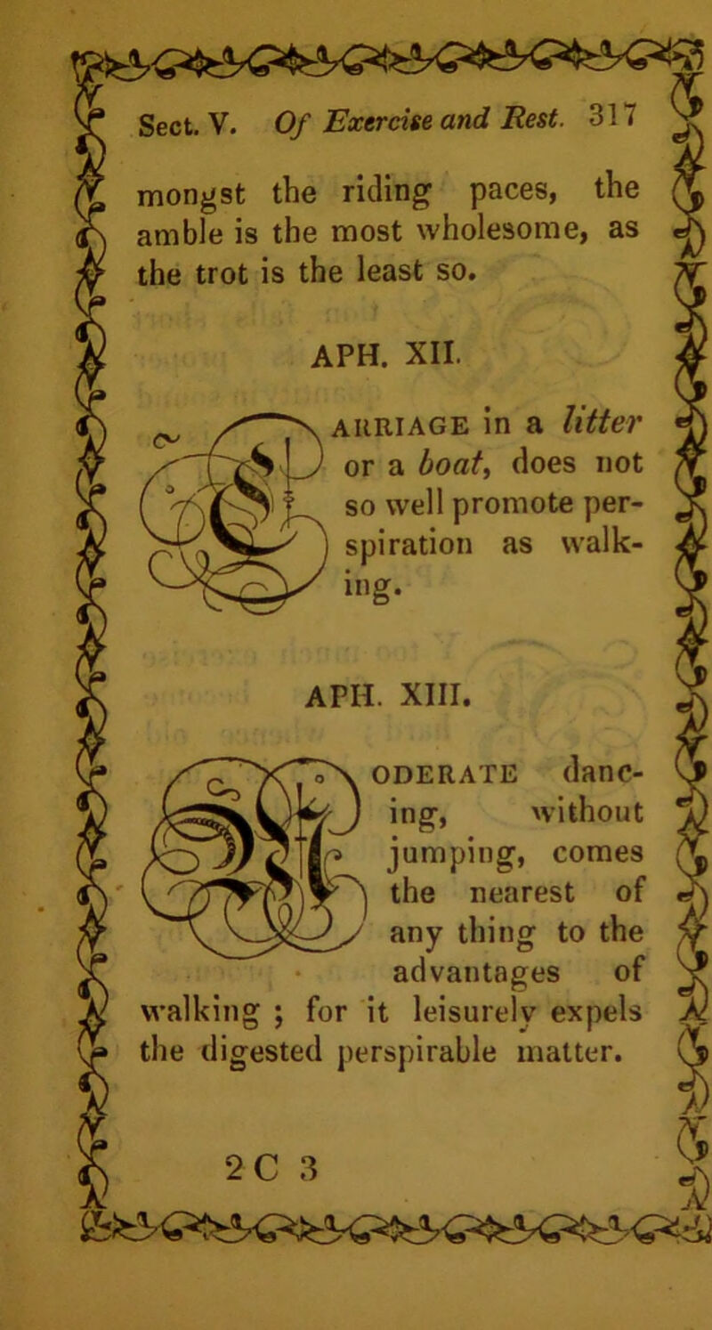 mongst the riding paces, the amble is the most wholesome, as the trot is the least so. auriage in a litter or a boat, does not so well promote per- spiration as walk- ing. oderate danc- in£> without |r» jumping, comes the nearest of any thing to the advantages of walking ; for it leisurely expels the digested perspirable matter.