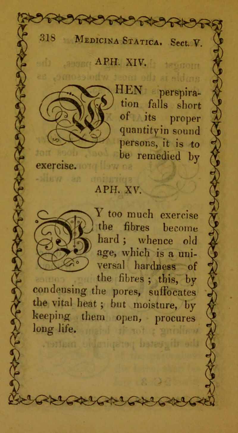 perspira- tion falls short of its proper quantityin sound persons, it is to be remedied by exercise. too much exercise the fibres become hard; whence old age, which is a uni- versal hardness of the fibres ; this, by condensing the pores, suffocates the vital heat ; but moisture, by keeping them open, procures long life.