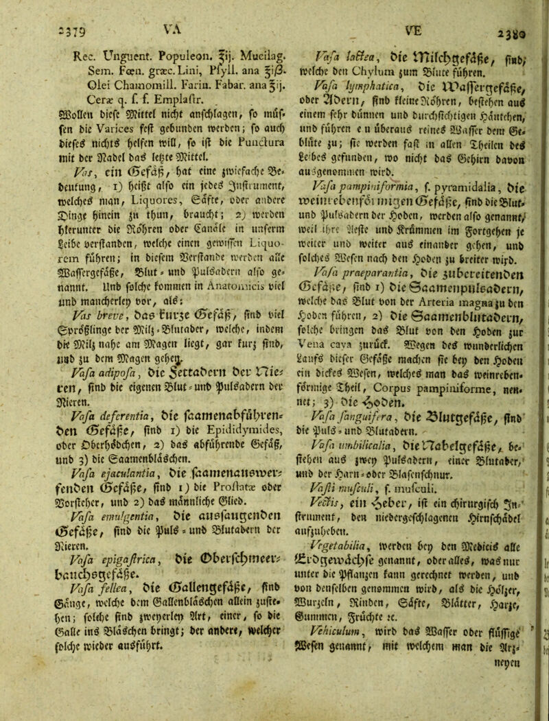 2379 Rec. Unguent. Populeon. Mucilag. Sem. Foea. graec. Lini, Pryli. ana ^\ß- Oiei Chamomill. Fanu. Fabar. ana^ij. Cera: cj. f. f. Emplaflr. ?£Bofleu bicfc nic^t anfcblagcti, fo möf» fen bic Varices fc|? gebunbcn werben; fo ouef) biefed nirf)t^ Reifen wiO, fe i|^ bie Puudura mit bec 9?fibel boö Ie|te 93?ittel. /^7X, eilt (l3cfd|5, fine iwiefacfje «5c. beufung, i) beißt nffo ein jebeif ^nfnutnenf, weld)e^ man, Liejuores, 0afte, ober öiiberc Swinge hinein jit tbun, brauc()t; 2) werben bferunter bie Ko'brcn ober (Eande in unferm Seibe oerßanben, welche einen gewiffhi Liquo- rem fuhren; in biefem 23erßnnbe werben alle SBaffergefaße, Slut.unb «pulöaberii alfo ge. nantU. Unb folche fommen in Anaronricis biel unb mancherlei) t>or, al^; l/[is breve, ^ö0 Flirre (Heföß, ßnb biel (^prdßlinge ber ?Dtilj.351ntaber, we(el)e, inbem bie 9)?ili nahe am «0?agen liegt, gar furj ßnb, tJBb ju bem fOcagen gehe^ Vafa adipofa, öic 5^tt<t^Cl'It t)Cl‘ V7ic# ten, finb bic eigenen 35Iut.mtb ^uldabern bee 3fjieren. Vafa deferentia, ^^e fßamenabful;ren« t>en (0efö^e, ßnb i) bie Epiilidymides, ober Dherh^bchen, 2) bai ahfuhrenbe ©efaß, unb 3) bie @aamenhldöcf)en. Vafa ejaadantia, öie ,fit0ineUc:U6lveiV fcn^eit (0cfdße, ßnb i) bie ProAatee ober «Sorßeher, unb 2) ba^ männliche 0lieb. Vafa emu.lgentia, öie aU0ja«5C»^f» (Befäf^Sf ßnb bie ^ulö . unb SSlutabern ber Spieren. Vafa epigafrica, Öte ®bevfd)tnceiv bßiid^egcfdße* Vafafelka, bte ÖTallcitgefdße, ßnb ©duge, wcldje bem ©affenhldödjen allein jufte. hen; foldje ßnb |wei)erlet> 3lrt, einer, fo bie 6alle inö SSld^chen bringt; ber mibere, weither fold)e wieber auiJfuhrf. Viifa ta&ea, t>ic ITtifc^gefdße, ftnb; welche ben Chylura jum SSlute fuhren. Vafa hjmphatica, Mc IPaflei-gcfdße/ ober^äbeni, ßnb HeineSidhren, beßehen auö einem fehr bunnen unb burd)ßd)tigeu ^dufchen, unb fuhren e u uberauö reinem ’Bnßer bem @e* blute ju; ßc werben faß ;u aOen Xheilcn beg ge'be^ gefunben, wo nidjt ba^ ©chirn baoon au'jgenomiuen wirb. Vafa pampiniformia^ f. pyramidalia, Me tüeiinebcnfoj im^eiKHefdßc, ßnb bie^lut. unb iputi^abern ber jpc^ben, werben alfo genannt,' weil ihre 3!eße unb ^rfimmen im gortgehen je weiter unb weiter au0 einanber gehen, unb fold)eö 53?efcn nach beu ^peben ju breiter wirb. Va/'a praeparavtia, Me 5tlbcfCl'tenC»ert (Dcfdjse/ ßnb i) McSßamenpuIeaöent/ wcld)e bao 35lut t>on ber Arteria magna {u ben dpoben fuhren, 2) Me ©öomenblutaöern, felche bringen ba^ ^lut t>on ben .^oben jur Vena cava jurücf. ?5?egen betJ wunberlichcn ^aiif0 biefer ©efdßc raadjen ße bei; ben ^oben ein biefe;^ 3öefen, weld)cö man baö Weinreben« fdrmige Xhtil, Corpus pampiiiiforme, nen« net; 3) Oie >^ot)en. Vafa fanguifera, Oie ^lutgefidßc, ßnb' bie 'pulij. unb ?51ufabern. Vafa umbilicalia, OierTöbcIgefdße,. be« ßeheu auö jwcp ^ul^abern, einer ^lutaber,' unb ber fjarit.obcr Slnfcnfchuur. Vaßi mufeuli ^ f. mufculi. VecHs, eilt v^eber, iß ein djirurgifd) 5«=' ßrumeuf, ben niebergcfd)lagcncn .^’rnfchdbel aufjuhebeu. Vrgetabilia^ Werben bep ben 9)?ebiciö öffe i£iör^eu>dc^'>fe genannt, oberaffeö, waönur unter bic <pßan;en fann gerechnet werben, unb uon benfclben genommen wirb, ol^ bic .^dljer, sffiurjcln, Siiuben, 6dfte, ?5Idtter, .<^ar|e, ©ummen, 5rud)te ;e. Vehicutum^ wirb ba^ SBaßer ober ßußigt' JlBefen genannt, mit welchem man bie 9lrj« nepen