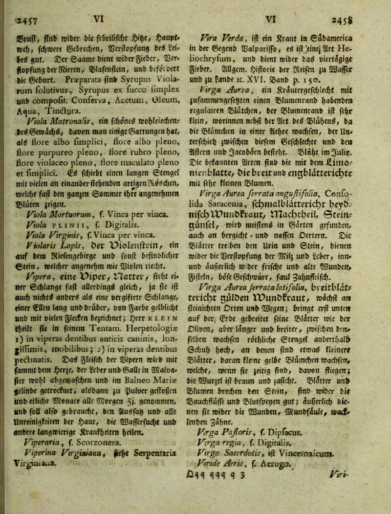 ‘2457 55ruf?, flnb tuitier ble fc5ri(ifc(}e njef), fc^were ©c6rcd)en, 3Ser(lopfun$ be^ 2eh l>eö gut ©er 0aame bienr rotbcr giebcr, 25er* fiopfung ber9?ieren, ^lafenftcm, uHb befcibert bic ©eburt. Prxparata finb Syrupus Viola- rutn folutivus, Syrupus ex fucco limplex unb compofit. Conferva, Acetum, Oleum, Aqua, Tindyra. f^io/a MatronaÜs^ ein fdxJneö bcö @ero5d)^, bauen rann einige ©attungen i)tt, al^ flore albo fimplici, florc albo pleno, flore purpureo pleno. Höre rubro pleno, ilore violaceo pleno, flore maculato pleno et fimplici. ©ö fci)iebf einen langen 0tengel mituieien an einanber flebenben artigeniltdecben, roelcbe fafl ben ganjen ©ommer ihre angenehmen «Bluten leigen. f/tola Mortuorum, f. Vinca per vinca. yiola p LIN 11, f. Digitalis. t^iola Ftrginif, f. Vinca per vinca. yiolaris Lapis^ t»er X^iolenftcirt ^ auf bem Üiiefengebirge unb fonfi bcfTnb(icf)er ©tetn, welcher angenehm wie 2>iolen vied)t. l^tpera, eine X^iper, natter/ fieht ei* ner ©chlange fa(f aßerbingö gleiche |n fle i(I auch nichts anber^ alö eine uergiftete ©chlange, einer €Cfen lang unbbruher, üon §arbe gelblid)t unb mit uielen glecfen bejeidjnet; ^err klein fheilt |Te in feinem Tentam. Herpetologias I) in viperas dentibus anticis caninis, lon- jiflimis, mobilibus; 2) in viperas dentibus pedinatis. ©aö gleifch ber SSipern wirb mit fammt bem ^erje, ber geber unb ©alle in SWalua* fier wohl abgcwafchem unb tm Balneo Marias jelinbe getreefnet, al^bann |u ijjuloer geffogen unb etliche 9)?onaie aßc 5)?orgen 3i- genommen, unb fofl aflo gebraucht, ben 3iu^fah unb oße Unreinigfeiren ber ^aut, bie SBafferfneht unb nnbere langwierige Äranfhetten hfikn, Viperaria^ f. Scorzonera. Viperina l^trgütiaaa, Serpentaria Virgimaua, Fira Verda, if! ein 5traut in ©ubamerica in ber ©egenb SSalpariffo, e^ igjeinejSlrt He- liochryfum, unb bient wiber taö öitrtdgige gieber. 2Jßgem. ^ißorie ber Üveifen |u SQJaffer unb ju ganbe k. XVI. S5anb p. 150. l^irga Aurea ^ ein Ärautergefd)lecht mit lufammengcfe^ten einen 25luraenranb habenbeti regulairen 55Iutchen, ber 25lumenranb i(l fehr flcin, worinnen nebfi ber 2Irt beö 35luhenö, b« bie ©lumeben in einer 3lehre wachfen, berUn* terfchicb jwifchen biefem ©efchlechte unb bc» Slßern unb ^acobden begeht. 23lnht imSulie. ©ie befannten 2lrtcn gnb bie mit bem lümo? nienblatte^ bie breit unb engbldttend)te mit fehr tlemen 2S4amen. yirga Aurea ferrata angußifotioy Confo- lida Saracenia, fc^malbldttenc^t ^eyÖ^ nifc^VPmiÖfrout/ tTIac^tbeil, 0ceiii? günfel^ wirb meigen^ in ©arten gefunben, and) an bergid)t * unb naffen Dertern. ©ie SSldter treiben ben Urin unb ©tein, bienen wiber bic 25ergopfung ber 5Jiifj unb geber, inn» unb dugerfich wiber frifche unb alte SJunbeiT^ gigein, boTe©efchwure, faul ^ohugcifih. l^irga Aurea jerratalatifolia, breitbldts^ teric^t gwlöen tPimbftöut, wachg an geinichten Orten unb 2Begen; bringt erg unten auf ber, ©rbe gebreitet feine 25ldtter wie ber Olioen, aber langer unb breiter, jwifchen ben# felben wad>fcn rdthliche ©tengef anbetthalb ©d)uh höch^ an benen gnb etwn^ fleinerr glatter, baran fleine gelbe ^Slumihen wachfen, welche, wenn ge jetttg gnb, bauen giegen; bie 5Öur|el lg braun unb jagchf. ©Idtter unb SBlumen bredjen ben ©fein, gnb wiber bir SSauchguge unb 25lutfpepen gut; dugerlich bic* nen gc wiber bie SBunben, 59?unbfaule, lenben 3ahne. ViTga Paßoris, g Dipfäcus, Virga regia, f. Digif^i's, Virge Saeerdotisy ig Vince^oxreum. Finde Aerisy g Aerugo.^