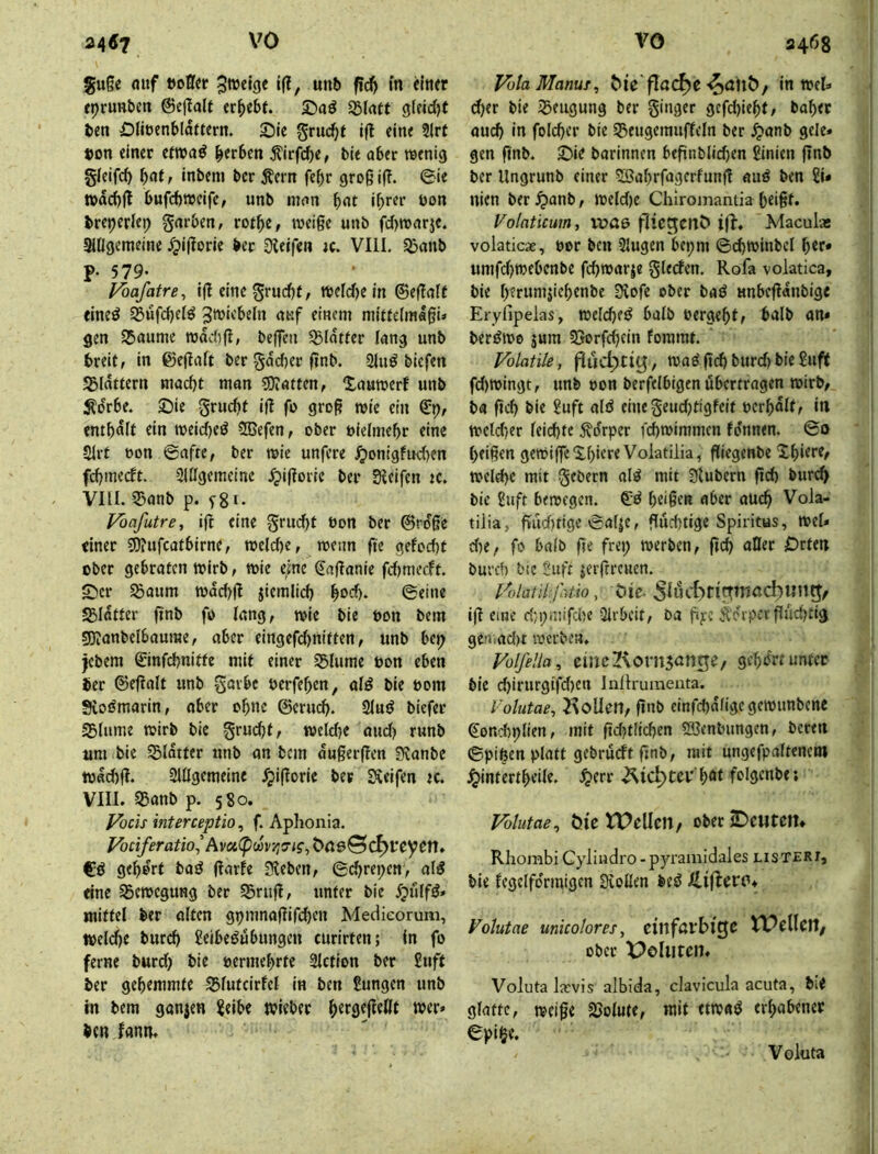 guge nuf »ofler Steige ig, unb fid) in dtifr fpruHben ©cgalt «r^ebf. ©aö SSIatt gleid^t ben Öliöenbldttern. £)ic grurf^f i(l eitu ?lrt t>on einer ewa^ ^ttbtn Äirfi^e, bit aber reenig gieifcf) f)<it, inbem ber Äern febr groß ig. ©ie »dcf)jl bufcftweife, unb man b«t «b»'««’ bon breijerlei) garben, rot^e, meige unb fd)roarjc. Sitigemeine ^jigorie ber Dleifen ic. VIII, 53anb p. 579; Vöafatre^ ig eine grucbt^ tt?eid)e in ©egaft eineö Sßufcbetö auf einem mittefmagU gen S5aume rodcbg, begen $Bldrfer lang unb breit, in ©egaft ber gadter gnb. 2luö biefen flattern macht man ^Watten, Xaumerf unb ^drbe. ©ie grudit ig fo groß mie ein ©p, enthalt ein meid)eö 2Befen, ober oieimehr eine Slrt oon ©afte, ber tvie unfere ^onigfudten fchmecft. Sldgemeine ,^igoric ber Steifen tc. VIII. 55anb p. ygi. Vöafutre, ig eine grud)t bon ber ©rdße einer 50?ufcatbirne, roeldte, toeim ge gelocht ober gebraten mirb, n>ie e;jne ^aganie fchmecft. ©er S5aum todd)g ziemlich ho<^* ©eine 551dtter gnb fo lang, wie bie bon bem sWanbelbaurae, aber eingefd)nitten, unb bep jebera ©infdhnitfe mit einer ^lume bon eben ber ©egalt unb gavbc berfehen, alö bie bom Sfvoömarin, ober ohne ©erud). 2Iuö biefer S5(ume wirb bie §rucht, weldte oud) runb um bie glatter unb an bcin dugergen Sconbe Wachg. SlÜgemeine .^igoric ber £^eifen tc. VIII. 35anb p. 580. Vocis interceptio, f. Aphonia. Vodferaüol C>rt0©C^l*eyctT» gehört baö garfe Sieben, ©dhrepen, al^ eine Bewegung ber SSnig, unter bie jjulfö» mittel ber alten gpmnagifi^cn MecUeorum, welche burd) Leibesübungen curirten; in fo ferne burd; bie bermehrte Slction ber Luft ber gehemmte S5lutcirfcl in ben Lungen unb in bem ganjen Leibe wieber ben fann. VolaManus^ ^ie'flocke-^auö/ in wel* d)er bie ißeugung ber ginger gcfd)ieht, baher auch in folcher bie 55eugemuffeln ber ^anb gele* gen gnb. ©ie barinnen begnblid)en Linien gnb ber Ungrunb einer 2ßahrfagerfung auS ben Li* nien ber ^anb, weldje Chiroinantia heißt. Volaticum, vpae flicgcn^ ifl. ’Maculas volaticae, bor ben Singen bepm ©chwinbcl her* umfdjwebcnbe fd>warje giecfen. Rofa volatica, bie herumjiehenbe Slofe ober baS unbegdnbige Erylipelas, welcheS halb bergeht; halb an* berSwe jum 23orfchcin fommt. : • Folatile, fluchttiy, was geh burd) bie Luft fd)wingt, unb bon berfelbigen übertrogen wirb, ba geh bie Luft alS eine geudjtigfeit berhdlt, in weldjer leichte 5\drper i'chwimmen fo'nnen. ©0 heißen gewige©hiere Volatilia, giegenbe Xhiere, weld>e mit gebern alS mit Slubem geh burch bie Luft bewegen. €S heigen aber auch Vola- tilia, güd)tige ©alje, güchtige Spiritus, wel* d)e, fo baib ge frei; werben, geh aOer Orten burd) t'!c Luft jergreuen. FolatiLßtio, öie- ig eine ahpnüfcbe Sirbeit, Da g):c Ä'prpergüd)tig geriiad)t werben, ■ ; Folfella, cmc2\orn5antjs, gehb'rt unter bie chirurgifd)en Inlh'umenta. Volutae^ JloUen, gnb cinfehdfigegewunbene Sondtplien, mit gehtiiehen Söenbungen, bereu ©pipen platt gebrüeft gnb, mit ungefpaltenew Jjintertheile. ^err Äic^tcy‘h<»t folgcnbe;i - Volutae^ öic tPclIcri/ ober SDeutclt* Rhombi Gyliadro -pyramidales listeri, bie fegelfo'rmigen Slollen beS Votutne unicolores, einfarbige Wellen, ober Pointen. , Voluta Iwvis albida, clavicula acuta, biC glatte, weiße SJolute, mit etwaS erhabener ©pi§e. ■ . ■ . . ^ -'Voluta