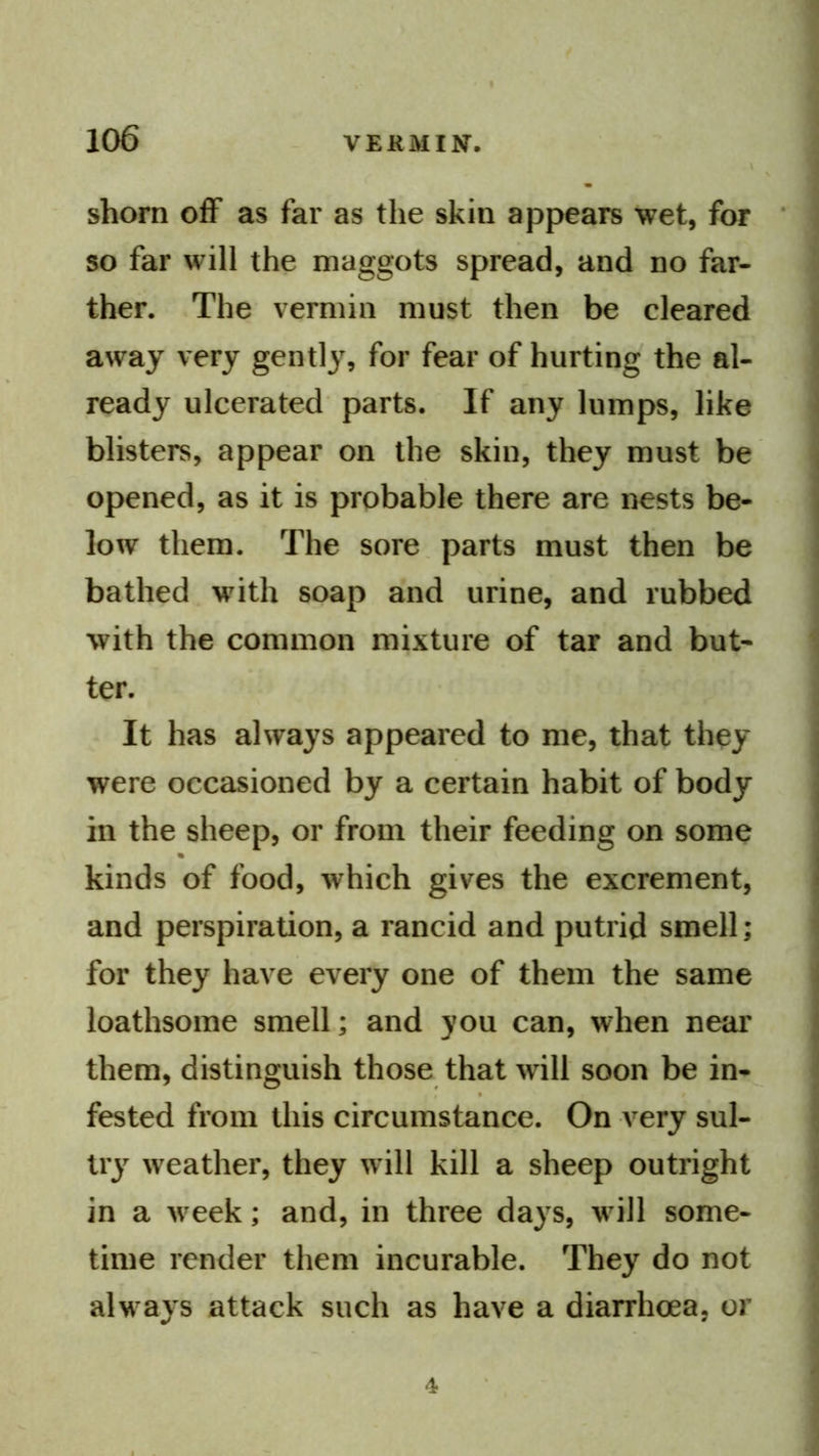 shorn off as far as the skin appears wet, for ‘ so far will the maggots spread, and no far- ther. The vermin must then be cleared away very gently, for fear of hurting the al- ready ulcerated parts. If any lumps, like blisters, appear on the skin, they must be opened, as it is probable there are nests be- low them. The sore, parts must then be bathed with soap and urine, and rubbed with the common mixture of tar and but- ter. It has always appeared to me, that they were occasioned by a certain habit of body in the sheep, or from their feeding on some % kinds of food, which gives the excrement, and perspiration, a rancid and putrid smell; for they have every one of them the same loathsome smell; and you can, when near them, distinguish those that will soon be in- fested from this circumstance. On very sul- try wxather, they will kill a sheep outright in a week; and, in three days, will some- time render them incurable. They do not always attack such as have a diarrhoea, or 4