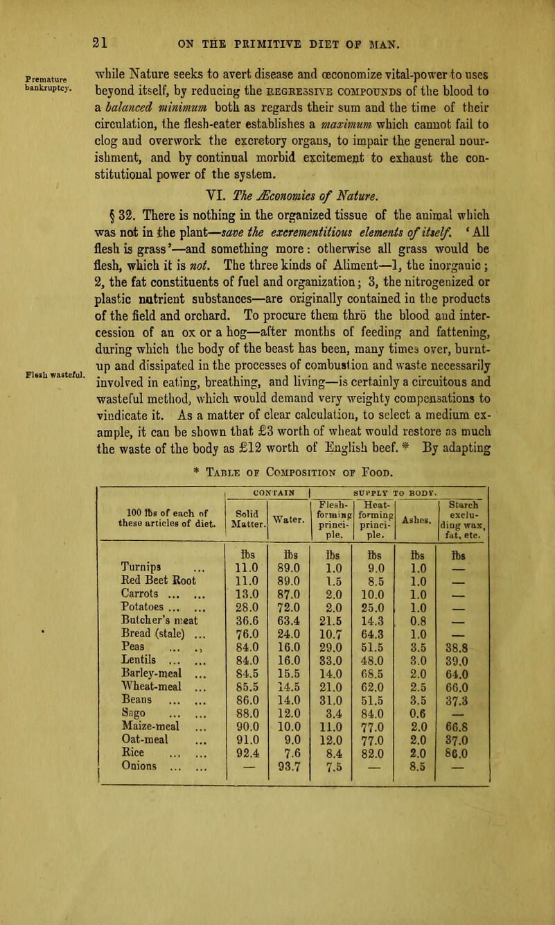 Premature bankruptcy. Flesh wasteful. while Nature seeks to avert disease and (Economize vital-power to uses beyond itself, by reducing the regressive compounds of the blood to a balanced, minimum both as regards their sum and the time of their circulation, the flesh-eater establishes a maximum which cannot fail to clog and overwork the excretory orgaus, to impair the general nour- ishment, and by continual morbid excitement to exhaust the con- stitutional power of the system. VI. The Economics of Nature. § 32. There is nothing in the organized tissue of the animal which was not in the plant—save the excrementitious elements of itself. ‘ All flesh is grass ’—and something more: otherwise all grass would be flesh, which it is not. The three kinds of Aliment—1, the inorgauic; 2, the fat constituents of fuel and organization; 3, the nitrogenized or plastic nutrient substances—are originally contained in the products of the field and orchard. To procure them thro the blood and inter- cession of an ox or a hog—after months of feeding and fattening, during which the body of the beast has been, many times over, burnt- up and dissipated in the processes of combustion and waste necessarily involved in eating, breathing, and living—is certainly a circuitous and wasteful method, which would demand very weighty compensations to vindicate it. As a matter of clear calculation, to select a medium ex- ample, it can be shown that £3 worth of wheat would restore as much the waste of the body as £12 worth of English beef. * By adapting * Table of Composition of Food. 100 tbs of each of these articles of diet. CONTAIN SUPPLY TO BODY. Solid Matter. Water. Flesh- forming j princi- 1 pie. Heat- forming princi- 1 pie- Ashes. Starch exclu- ding wax, fat, etc. fts fts lbs fts fts fts Turnips 11.0 89.0 1.0 9.0 1.0 Red Beet Root 11.0 89.0 1.5 8.5 1.0 Carrots 13.0 87.0 2.0 10.0 1.0 Potatoes 28.0 72.0 2.0 25.0 1.0 Batcher’s meat 36.6 63.4 21.5 14.3 0.8 Bread (stale) ... 76.0 24.0 10.7 64.3 1.0 — Peas ... ., 84.0 16.0 29.0 51.5 3.5 38.8 Lentils 84.0 16.0 33.0 48.0 3.0 39.0 Barley-meal ... 84.5 15.5 14.0 68.5 2.0 64.0 Wheat-meal ... 85.5 14.5 21.0 62.0 2.5 66.0 Beans 86.0 14.0 31.0 51.5 3.5 37.3 Sago 88.0 12.0 3.4 84.0 0.6 — Maize-meal 90.0 10.0 11.0 77.0 2.0 66.8 Oat-meal 91.0 9.0 12.0 77.0 2.0 37.0 Rice 92.4 7.6 8.4 82.0 2.0 86.0