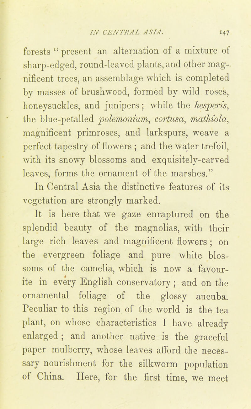 forests “ present an alternation of a mixture of sharp-edged, round-leaved plants, and other mag- nificent trees, an assemblage which is completed by masses of brushwood, formed by wild roses, honeysuckles, and junipers ; while the hesperis, the blue-petalled polemonium, cortusa, mathiola, magnificent primroses, and larkspurs, weave a perfect tapestry of flowers ; and the water trefoil, with its snowy blossoms and exquisitely-carved leaves, forms the ornament of the marshes.” In Central Asia the distinctive features of its vegetation are strongly marked. It is here that we gaze enraptured on the splendid beauty of the magnolias, with their large rich leaves and magnificent flowers ; on the evergreen foliage and pure white blos- soms of the camelia, which is now a favour- ite in every English conservatory ; and on the ornamental foliage of the glossy aucuba. Peculiar to this region of the world is the tea plant, on whose characteristics I have already enlarged ; and another native is the graceful paper mulberry, whose leaves afford the neces- sary nourishment for the silkworm population of China. Plere, for the first time, we meet