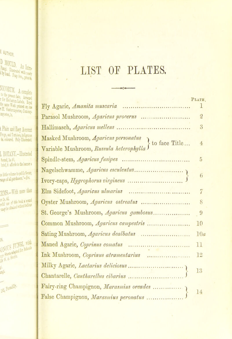 LIST OF PLATES, ^ author, 5 -'lorLD. FteS. .^Illtto- Mcopa. Jie Me Wott pmedm ’ll. l>Kleajcete!,CoK jnit«tei,li, I Plain iDii Easy AccoMt Frv's, njI')n«i|M»eH)i! fij.'ci'loMfd, FiyEtiirsteJ, L BOTANY,-Illustrated K'and,l!.Sl brief,ii iforiMtieleiaen K little tobae to it(eoi’«llF'iiiiori.‘'-Ai' !0tf ilaii 3^ 1 icctiaiwi o Platk. Ply Agaric, Amanita muscaria Parasol Mushroom, Agaricus pronertts Hallimasch, Agaricus melleus Masked Mushroom, Agaricus per sonatas -j > to face Title Variable Mushroom, Russula heterophylla f Spindle-stem, Agaricus fusipes Nagelschwamme, Agaricus esculentus Ivory-caps, Hygrophorus virgine^ts Elm Sidefoot, Agaricus ulmarius Oyster Mushroom, Agaricus ostreatus St. George’s Mushroom, Agaricus gambosus Common Mushroom, Agaricus campestris Sating Mushroom, Agaricus dealbatus Maned Agaric, Cogtrinus comatus Ink Mushroom, Coprinus atramentarius Milky Agaric, Lactarius deliciosus Chantarelle, Cantharelliis ciharius Fairy-ring Champignon, Marasmius oreades False Champignon, Marasmius peronatus 1 J I J ) J 1 2 3 4 5 6 7 8 9 10 10a 11 12 13 14