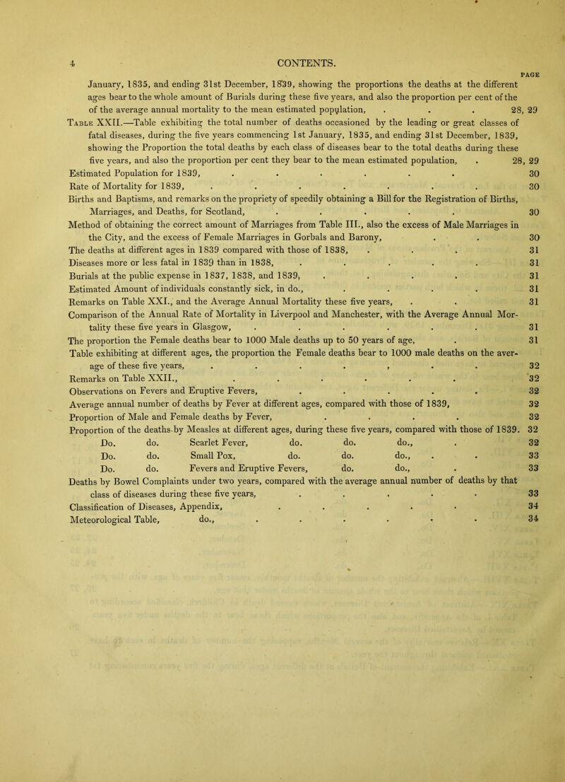 CONTENTS. PAGE January, 1835, and ending 31st December, 1839, showing the proportions the deaths at the different ages bear to the whole amount of Burials during these five years, and also the proportion per cent of the of the average annual mortality to the mean estimated population, . . . 28, 29 Table XXII.—Table exhibiting the total number of deaths occasioned by the leading or great classes of fatal diseases, during the five years commencing 1st January, 1835, and ending 31st December, 1839, showing the Proportion the total deaths by each class of diseases bear to the total deaths during these five years, and also the proportion per cent they bear to the mean estimated population, . 28, 29 Estimated Population for 1839, ...... 30 Rate of Mortality for 1839, ....... 30 Births and Baptisms, and remarks on the propriety of speedily obtaining a Bill for the Registration of Births, Marriages, and Deaths, for Scotland, ..... 30 Method of obtaining the correct amount of Marriages from Table III., also the excess of Male Marriages in the City, and the excess of Female Marriages in Gorbals and Barony, . . 30 The deaths at different ages in 1839 compared with those of 1838, ... 31 Diseases more or less fatal in 1839 than in 1838, . . . . . 31 Burials at the public expense in 1837, 1838, and 1839, .... 31 Estimated Amount of individuals constantly sick, in do., . . . . 31 Remarks on Table XXI., and the Average Annual Mortality these five years, . . 31 Comparison of the Annual Rate of Mortality in Liverpool and Manchester, with the Average Annual Mor- tality these five years in Glasgow, . . . . . . 31 The proportion the Female deaths bear to 1000 Male deaths up to 50 years of age, . 31 Table exhibiting at different ages, the proportion the Female deaths bear to 1000 male deaths on the aver- age of these five years, ....... Remarks on Table XXII., ...... Observations on Fevers and Eruptive Fevers, ..... Average annual number of deaths by Fever at different ages, compared with those of 1839, Proportion of Male and Female deaths by Fever, .... Proportion of the deaths by Measles at different ages, during these five years, compared with those of 1839. Do. do. Scarlet Fever, do. do. do.. Do. do. Small Pox, do. do. do.. Do. do. Fevers and Eruptive Fevers, do. do., Deaths by Bowel Complaints under two years, compared with the average annual number of deaths by that class of diseases during these five years, ..... Classification of Diseases, Appendix, ..... Meteorological Table, do., ...... 32 32 32 32 32 32 32 33 33 33 34 34