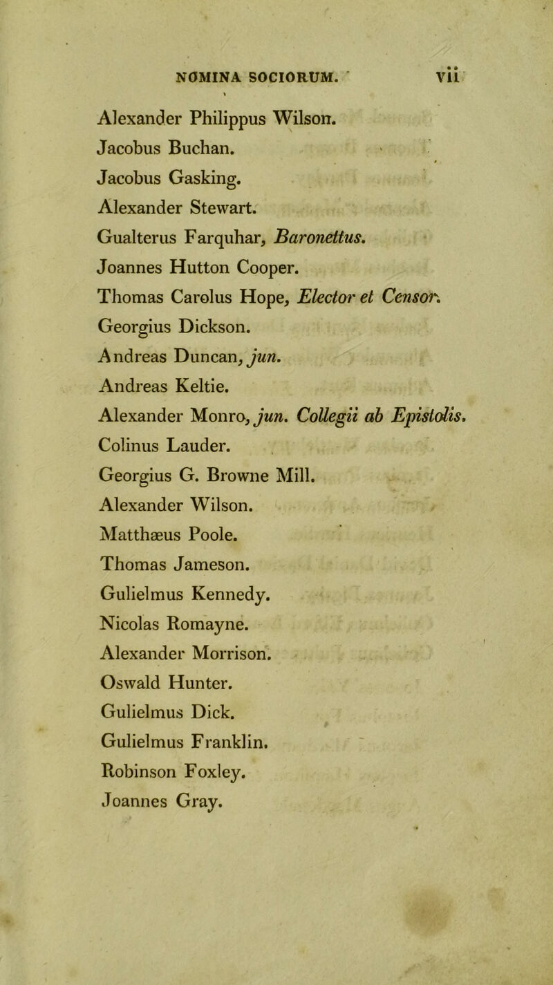 Alexander Philippus Wilson. Jacobus Buchan. Jacobus Gasking. Alexander Stewart. Gualterus Farquhar, Baronettus. Joannes Hutton Cooper. Thomas Carolus Hope, Electaret Censor. Georgius Dickson. Andreas Duncan,jun. Andreas Keltie. Alexander Monro^Jww. Collegii ab Epistolis. Colinus Lauder. Georgius G. Browne Mill. Alexander Wilson. Matthaeus Poole. Thomas Jameson. Gulielmus Kennedy. Nicolas Romayne. Alexander Morrison. Oswald Hunter. Gulielmus Dick. Gulielmus Franklin. Robinson Foxley. Joannes Gray.