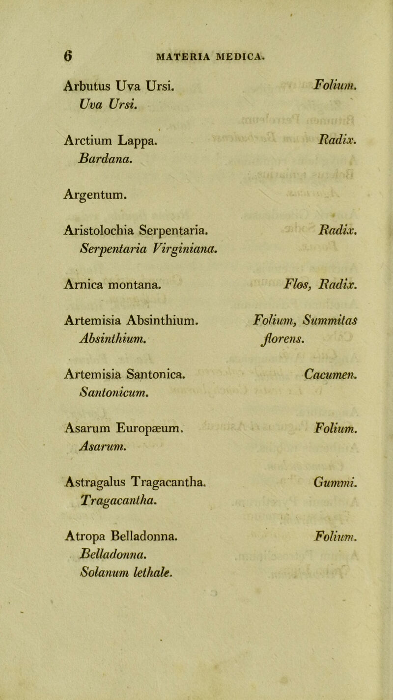 Arbutus Uva Ursi. Uva Ursi. Folium. » Arctium Lappa. Bardmia. Radix. Argentum. Aristolochia Serpentaria. Serpentaria Virginiana. Radix. Arnica montana. Flos, Radix. Artemisia Absinthium. Absinthium. Folium, Summitas jlorens. Artemisia Santonica. Santonicum. Cacumen. Asarum Europaeum. Asarum. Folium. Astragalus Tragacantha. Tragacantha. Gummi. Atropa Belladonna. Belladonna. Solanum lethale. Folium.