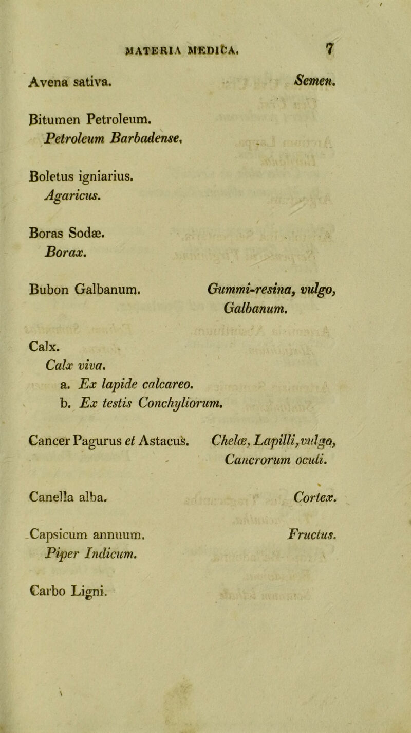 Avena sativa. Semen. Bitumen Petroleum. Petroleum Barbadense. Boletus igniarius. Agaricus. Boras Sodae. Borax. Bubon Galbanum. Gummi-resina, vulgo, Galbanum. Calx. Calx viva. a. Ex lapide calcareo. b. Ex testis Conchyliorum. Cancer Pagurus et Astacus. Chelae. Lapilli, vulgo, Cancrorum oculi. Canella alba. Cortex. Capsicum annuum. Piper Indicum. Fructus. Carbo Ligni.
